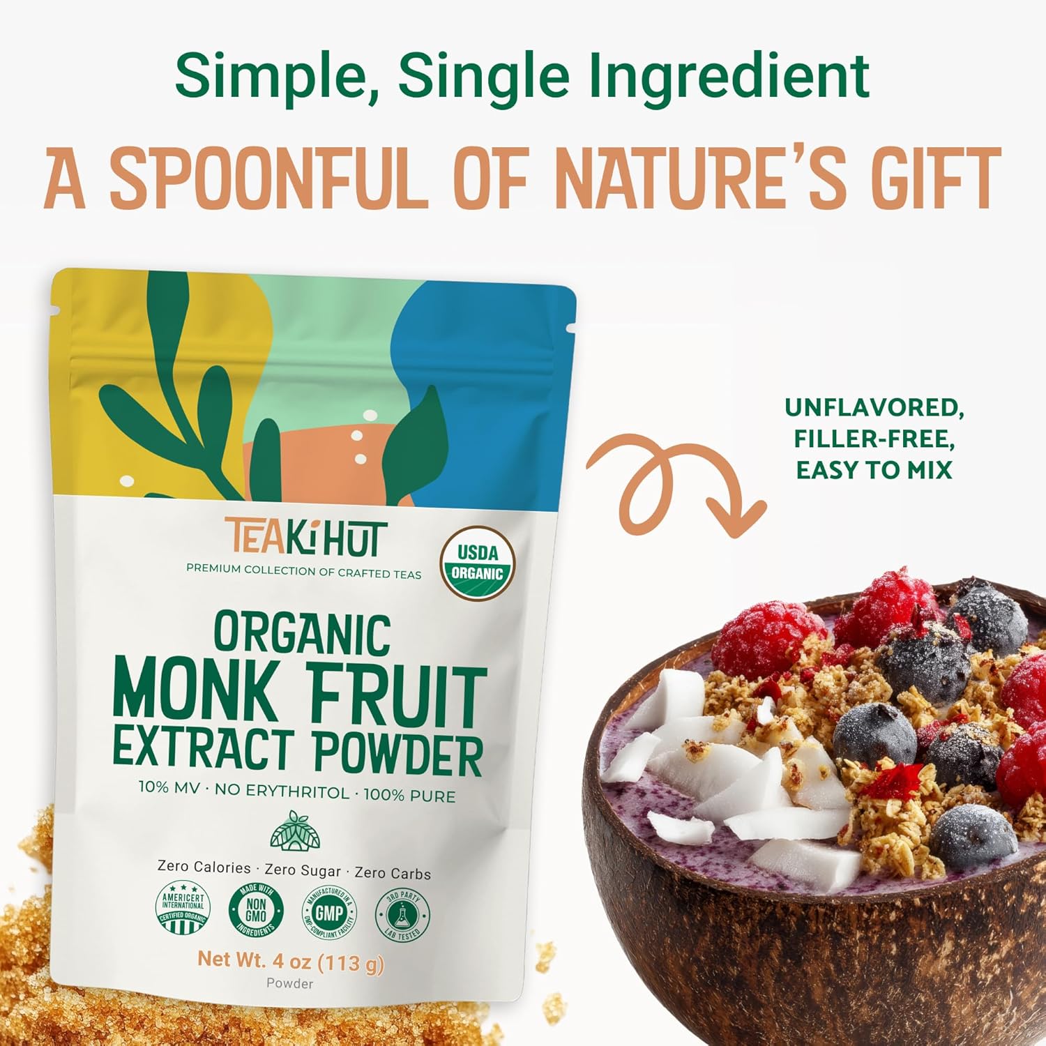Pure Organic Monk Fruit Extract Powder, No Erythritol 4oz, 100% Monk Fruit Sweetener Powder for Keto and Paleo Diets, No Aftertaste, Zero Calories, Zero Carbs, Pure Monk Fruit Extract, 364 Servings