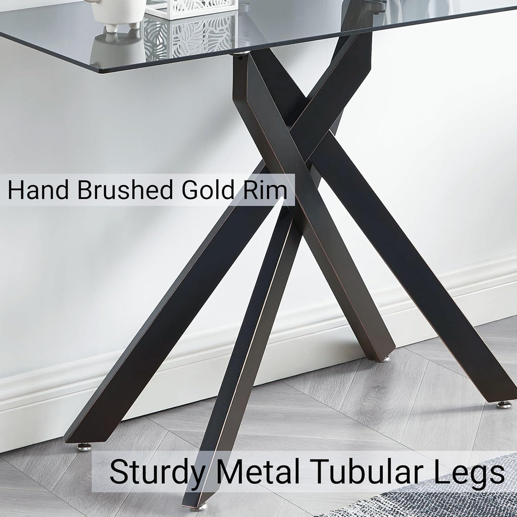 Edwin's Choice Black Glass Console Table Narrow Sofa Table with Grey Tempered Glass Top and Black Metal Tubular Legs with Gold Rim, 45”Lx18”Wx30”H