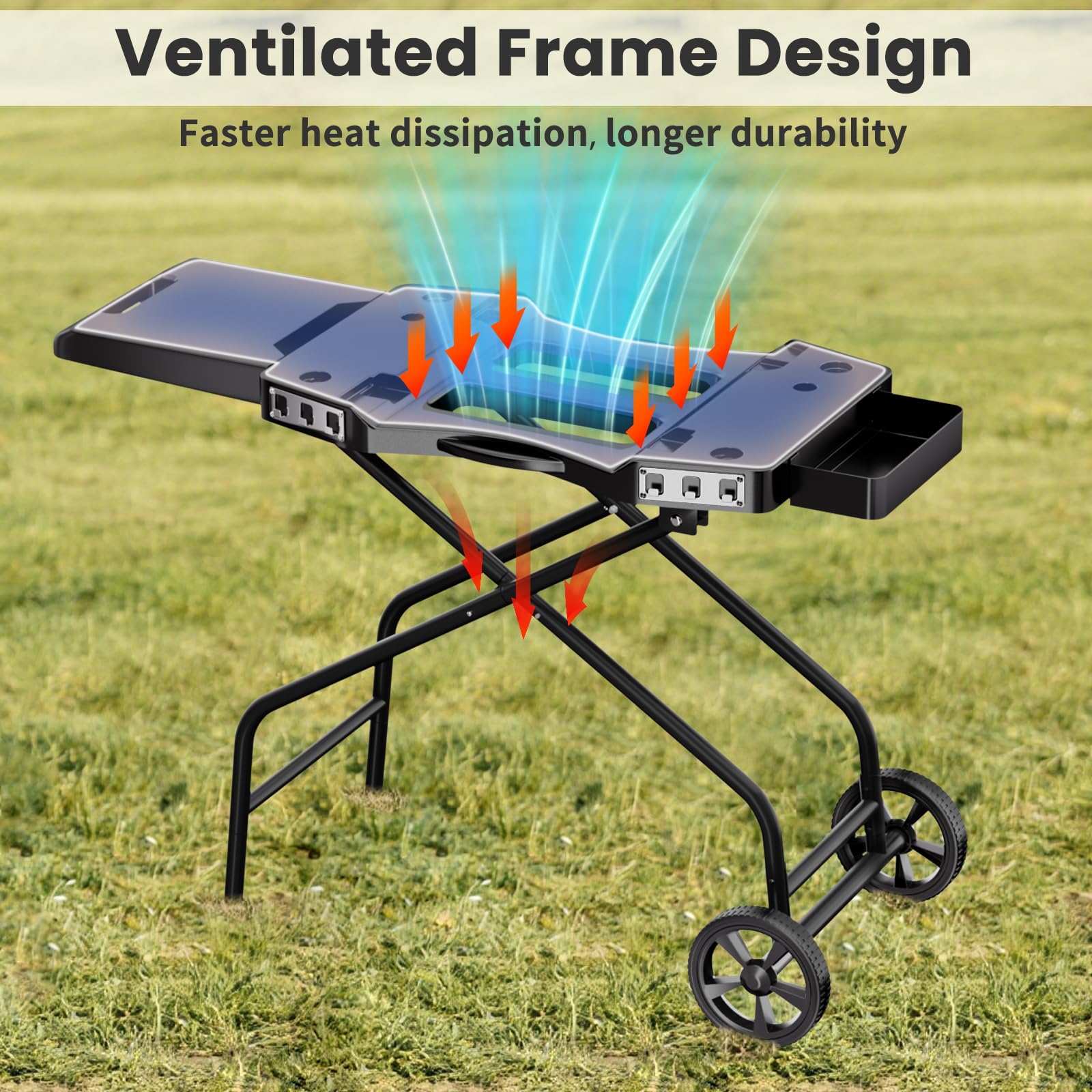 GRISUN Foldable Grill Table Stand for Ninja Woodfire Outdoor Grill（OG700/701/751), Portable Camping Table for Blackstone 22", Portable BBQ Stand with 2 Wheels, Side Table & Storage Basket