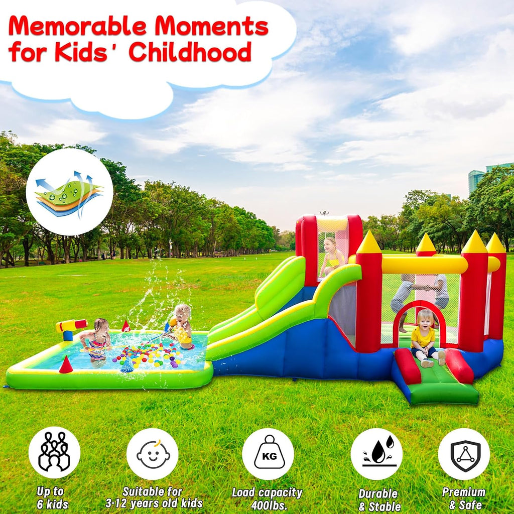 Umbalir 10-in-1 Inflatable Water Park - Giant Bounce House with 2 Water Slides, Big Splash Pool, Water Cannons, Climbing Wall, Tunnels & Obstacle Course for Endless Fun