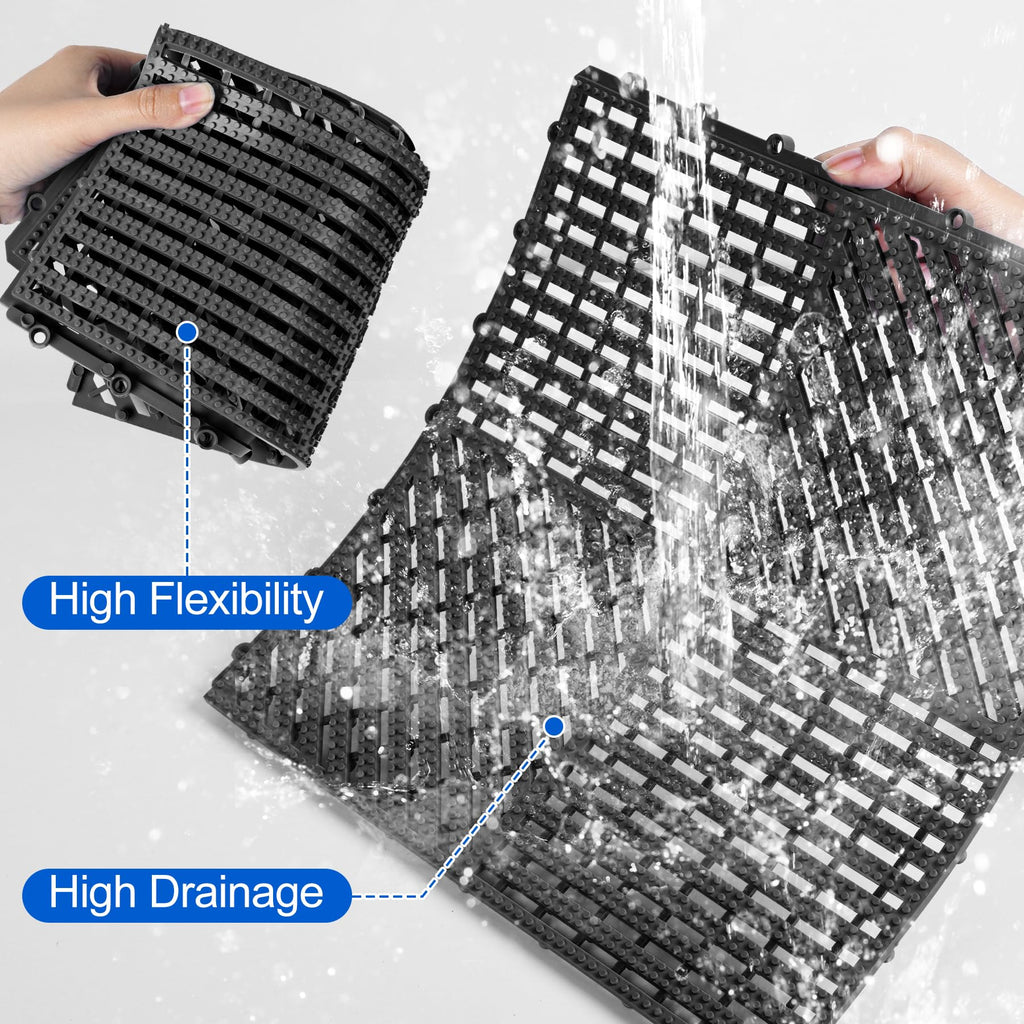 ToLanbbt Modular Interlocking Cushion 8P 11.8" x 11.8" Interlocking Rubber Floor Drain Holes Non-Slip Splicing Drainage Mats for Deck, Shower, Kitchen, Drain Pool, Sauna Bath, Indoor Outdoor (Black)