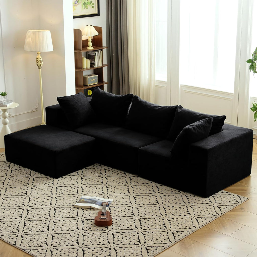 Vamcheer Modular Sectional Sofa with Chaise, Modern L Shaped Cloud Couch with Deep Seat, Sectional Couches for Living Room, Bedroom, Office, No Assembly Required, Ink Black