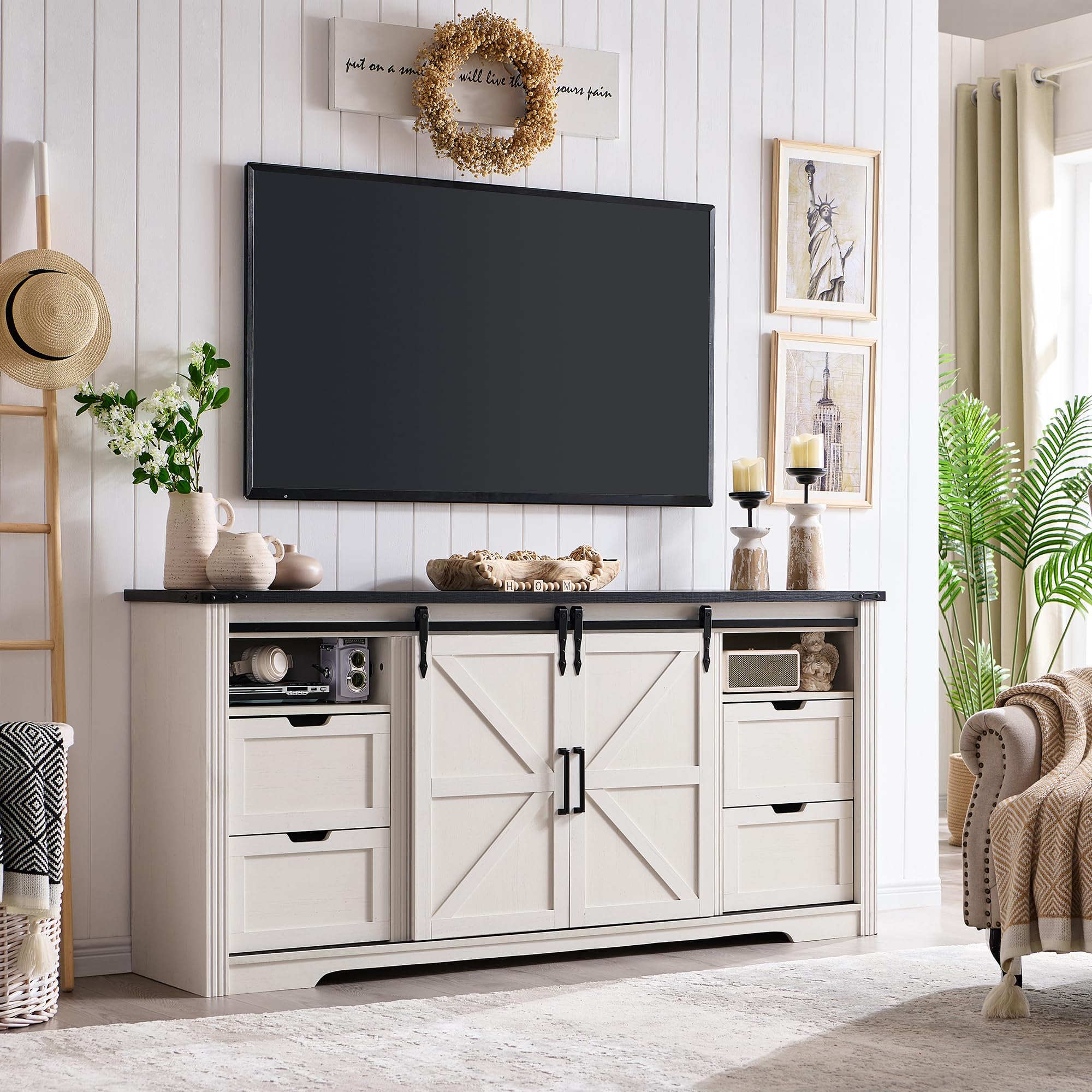JXQTLINGMU Farmhouse TV Stand for 75+ Inch TV, 32" Tall Entertainment Center w/4 Drawers & Sliding Barn Door, Rustic Media Console w/Storage Shelves, 66" Wood Television Stand for Living Room, Black