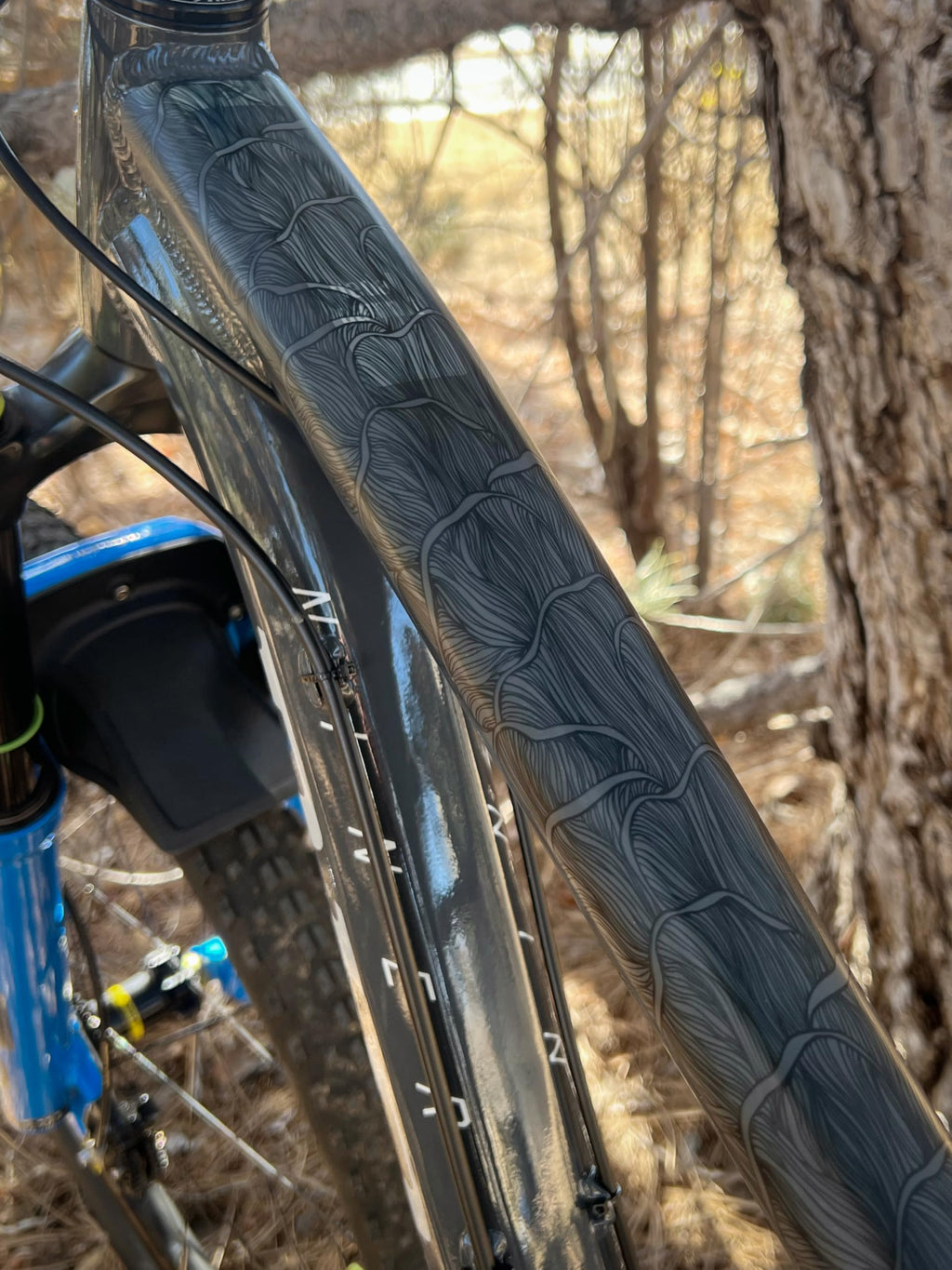Bike Frame Protection Tape- High Impact Clear Vinyl Wrap Includes Tool (4”x72) Bicycle Frame Protector, Mountain Bike Frame Guard Chainstay Protector (Art Deco)
