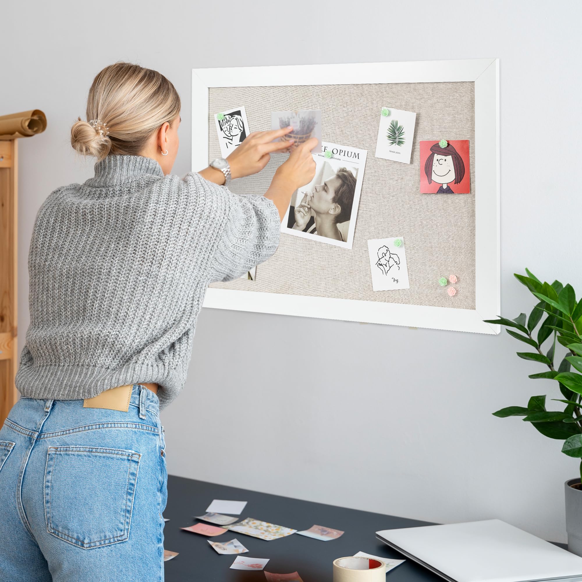 Black Cork Board Bulletin Board with Linen, Wood Framed 30" x 20" Corkboard, Office Board for Wall Decor, Wall Mounted Pin Board Picture Board with 20 Pushpins for School, Home & Office