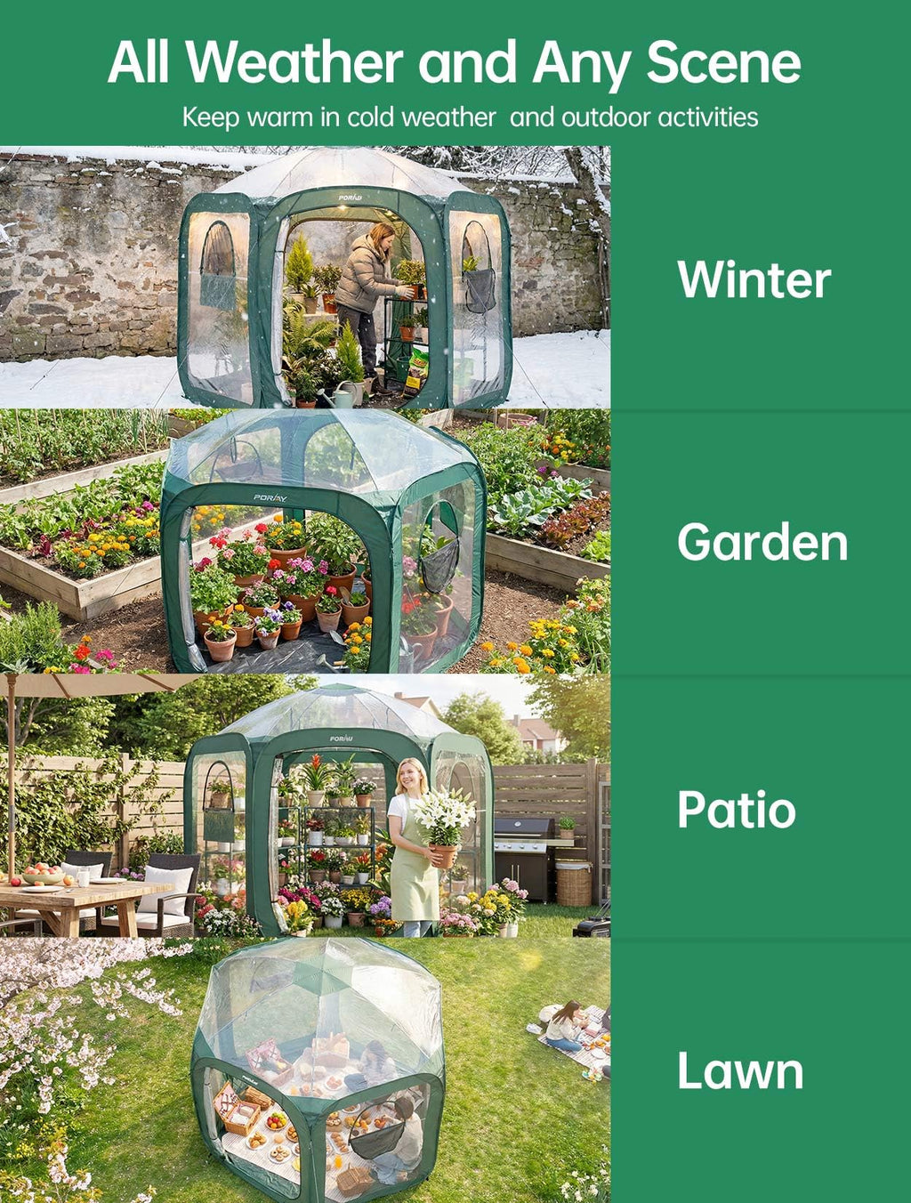 Porayhut Pop Up Greenhouse Tent,Portable X-Large Walk-in Flower House ,Indoor Outdoor Gardening Plant Sunshine Room with PE Mesh Cloth Cover for Protecting Plant from Cold Frost & Birds