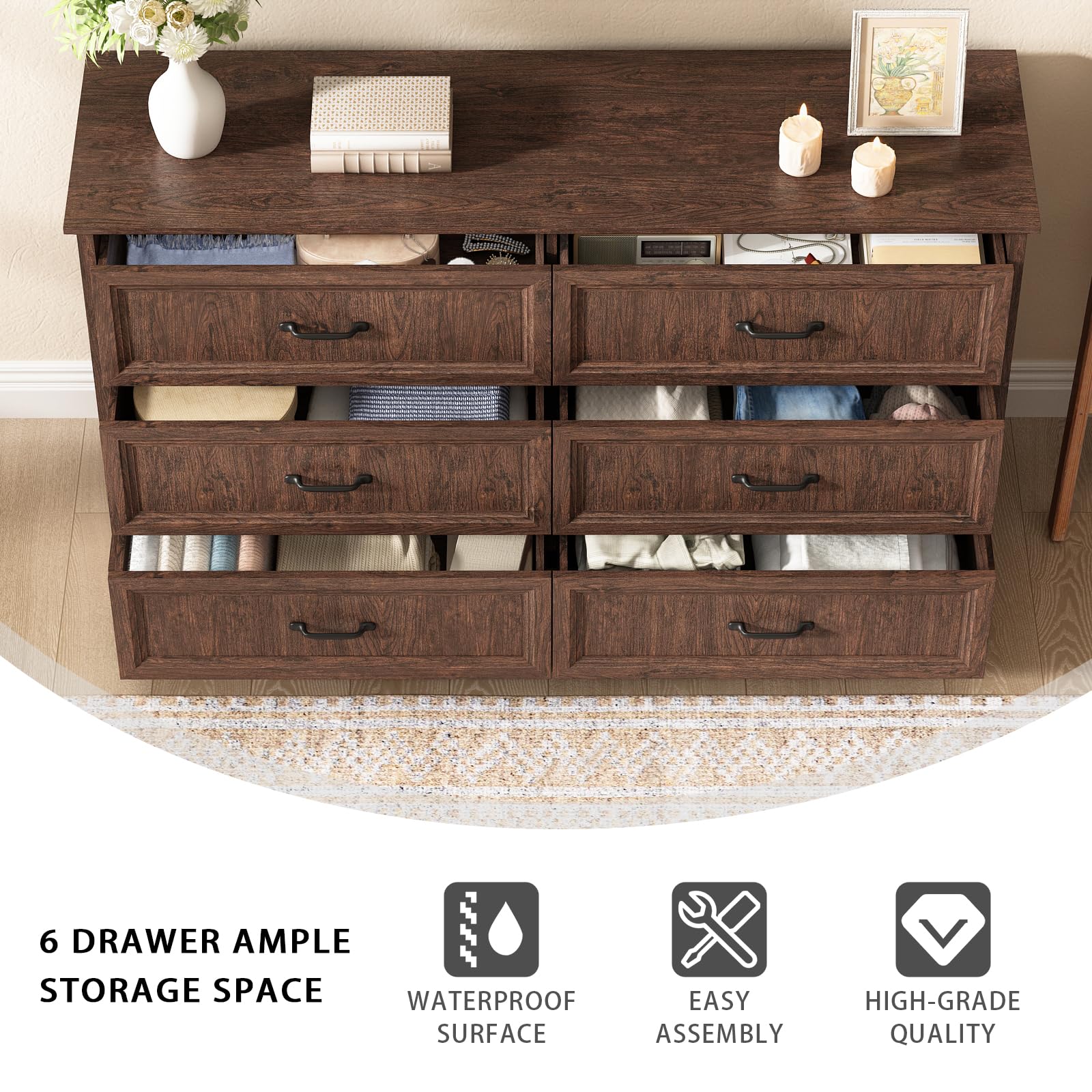 Farmhouse 5 Drawers Dresser for Bedroom, 44" Tall Brown dresser Wood Rustic Chest of Drawers with Wide Metal Handle,Natural Texture,Drawer Organizer for Bedroom,Living Room,Hallway and Entryway