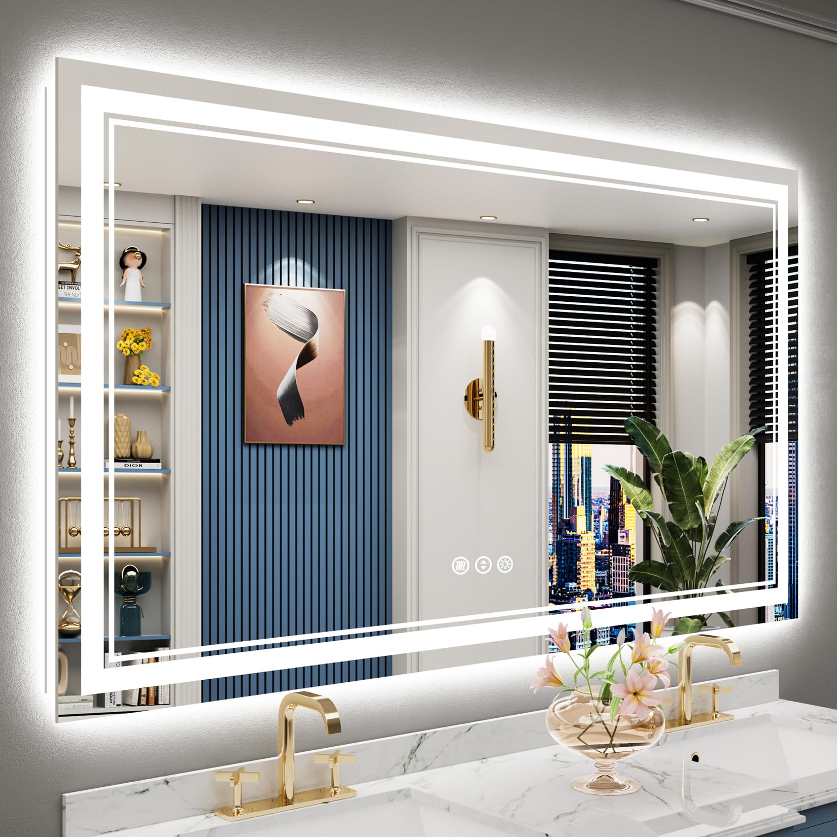 24x32 Black Framed LED Bathroom Mirror with Lights, Backlit and Front Lit Anti-Fog Lighted Vanity Mirrors for Bathroom Wall, Dimmable, 3 Colors, Memory, HD Tempered Glass, Horizontal/Vertical