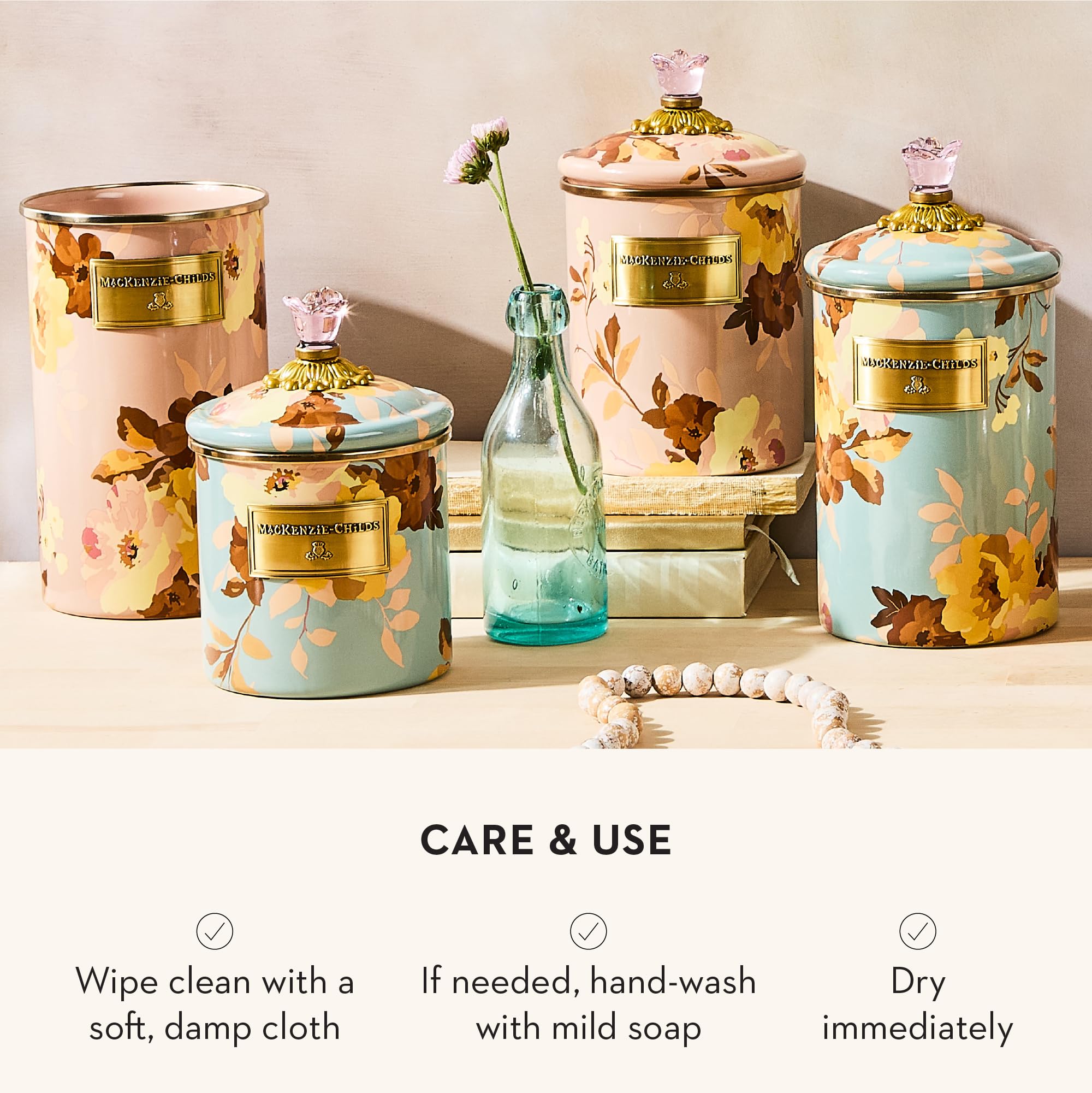 MACKENZIE-CHILDS Enamel Utensil Holder, Stylish Kitchen Countertop Organizer, Wild Rose Brown