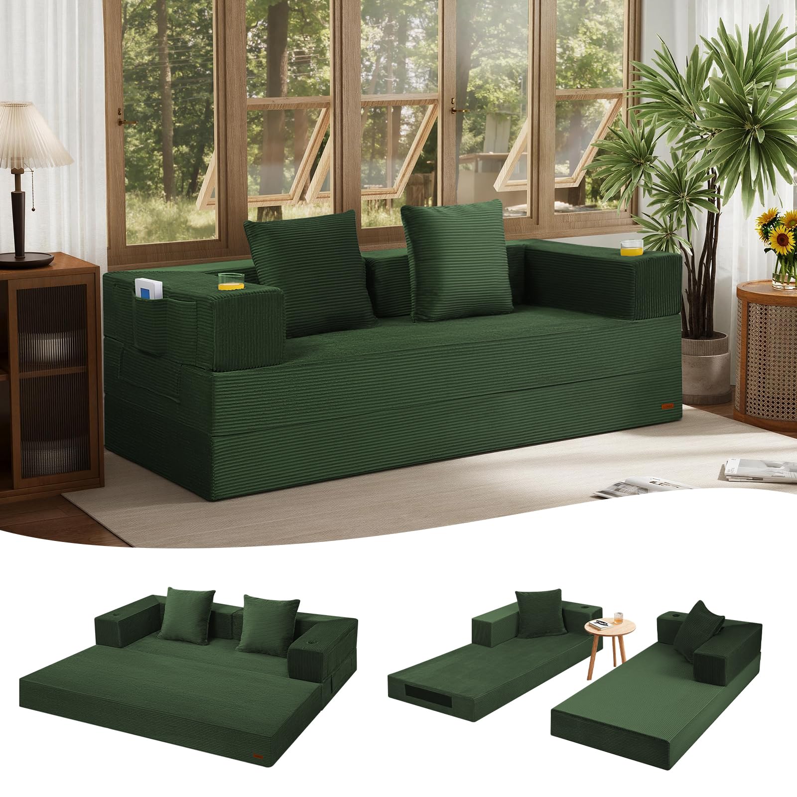 COMAX Futon Sofa Bed, 4‑in‑1 Convertible Sofa Bed, Folding Boneless Couches | Boneless Couch for living room, Fold Out Small Foldable Loveseat Floor Sleeper Mattress Lounge Space‑Saving, Ash Gray