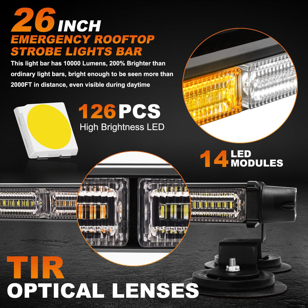 ASPL 26inch 126 LED Rooftop Emergency Strobe Lights Bar Double Side Flashing Safety Warning Traffic Advisor Light Bar Hazard Snow Plow Light for Work Trucks Vehicles Construction Tow Pickup(Amber)