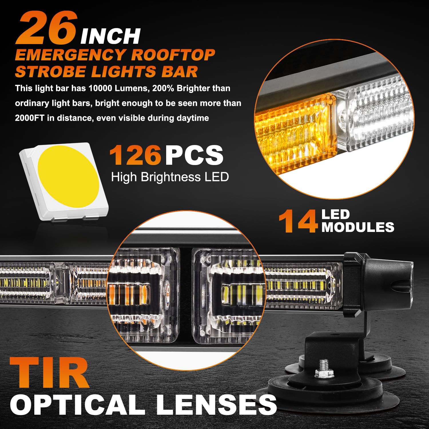 ASPL 26inch 126 LED Rooftop Emergency Strobe Lights Bar Double Side Flashing Safety Warning Traffic Advisor Light Bar Hazard Snow Plow Light for Work Trucks Vehicles Construction Tow Pickup(Amber)