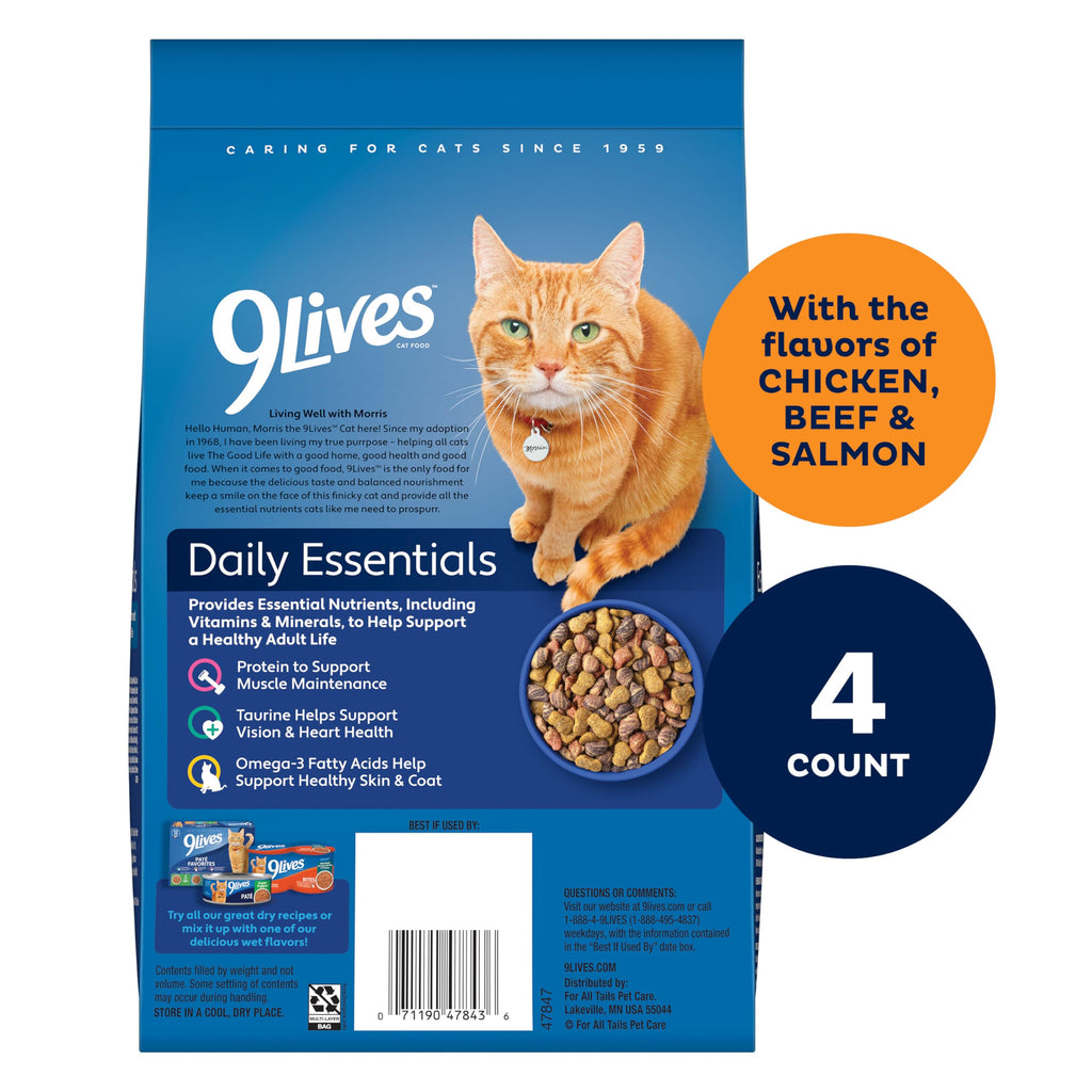 9Lives Daily Essentials Dry Cat Food for Adult Cats with Chicken, Beef & Salmon Flavors, 3.15 lb. Bag (Pack of 4)