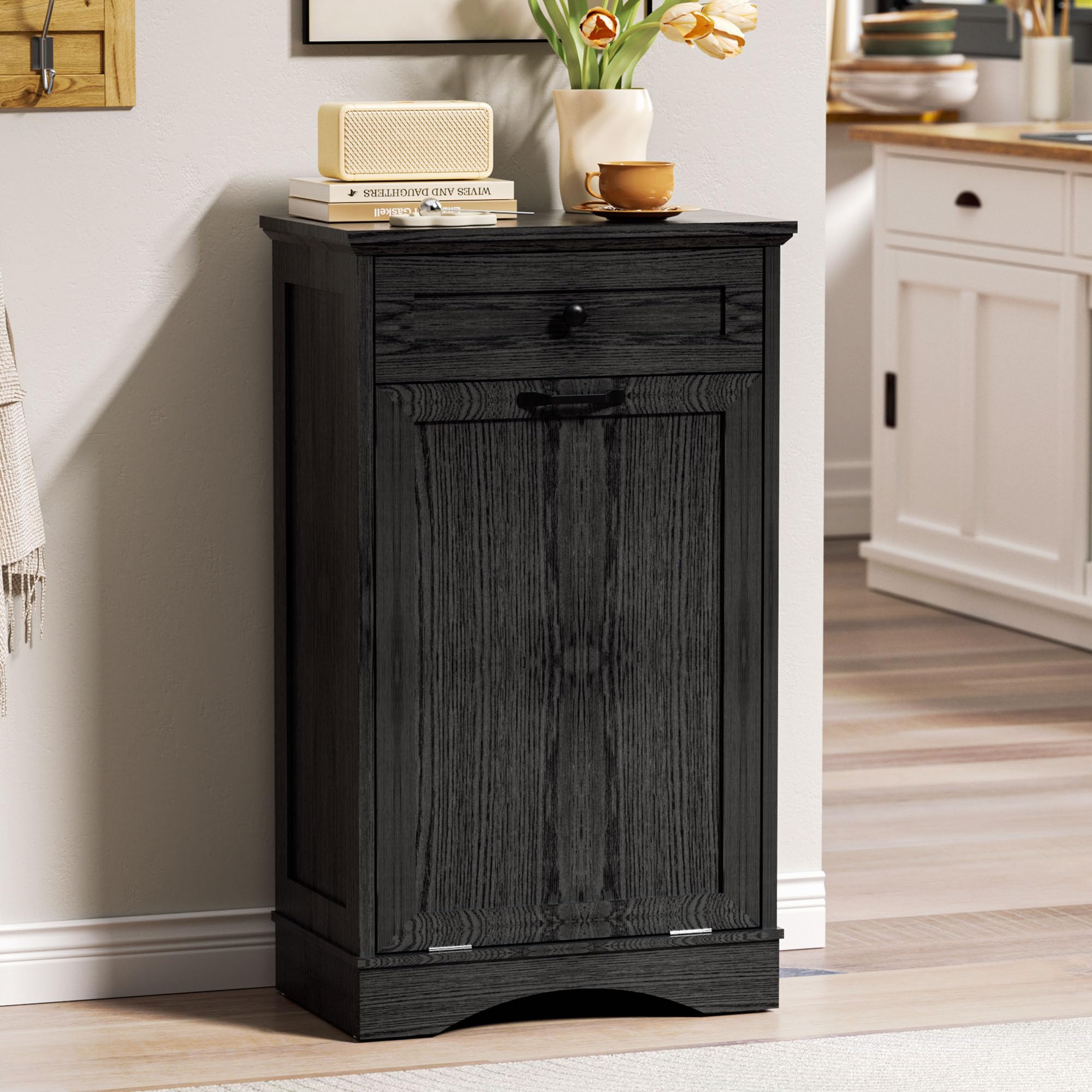 AHB Double Tilt Out Trash Can Cabinet Freestanding Kitchen Trash Can, 2x13 Gallons Hidden Garbage Recycling Cabinet with Hideaway Drawers Pet Proof Trash Can Holder for Kitchen, Antique White