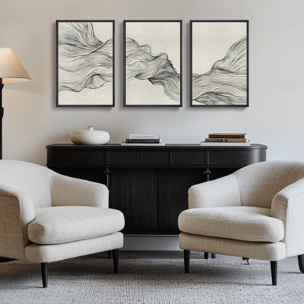 Framed Black and White Modern Abstract Wall Art, 3 Piece Canvas Prints Paintings Artwork for Walls, Minimalist Black White Grey Pictures for Living Room Dining Room Bedroom Office Wall Decor 16x24 In