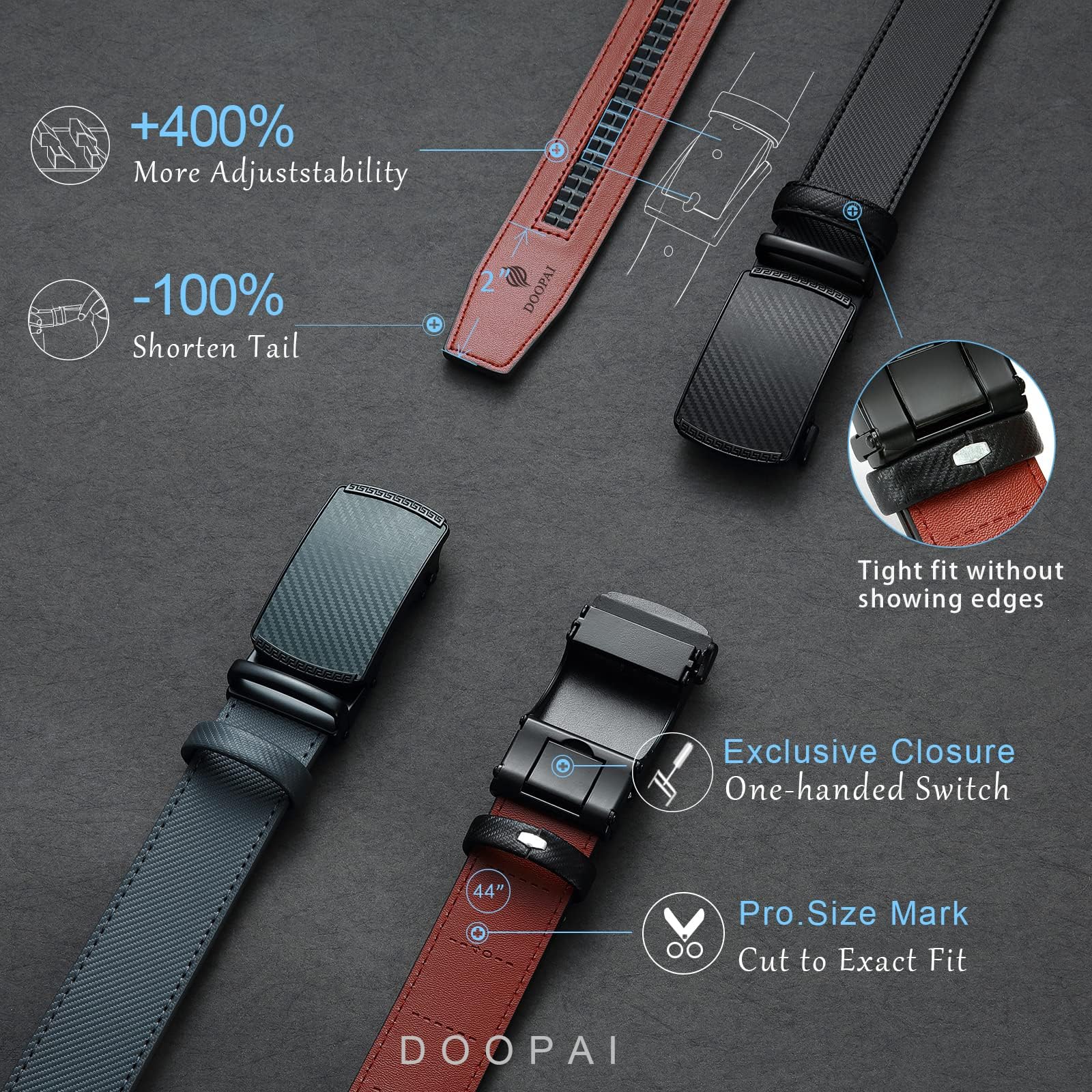 DOOPAI Men's 2 Pack Ratchet Dress Belt - Adjustable 1 3/8" Genuine Leather, Size Length Can Be Cut, With Gift Box