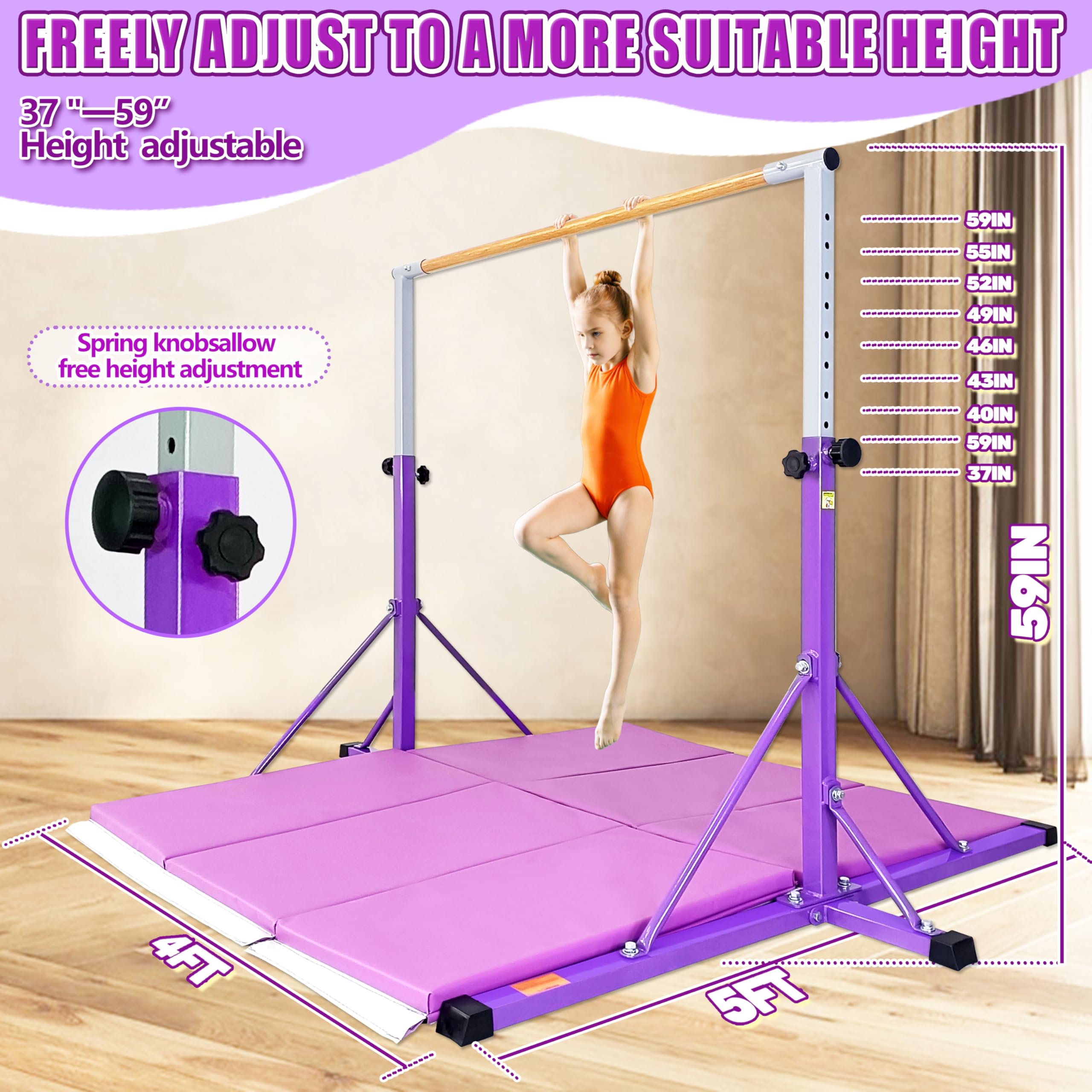 FC FUNCHEER Gymnastics Bar for Kids Ages 3-15, 35" to 60" Adjustable Height, 4FT Wide Base - Professional Kip Bar with 360° Stability & Fiberglass Crossbar, Easy Fold&Solid Design for Home Training