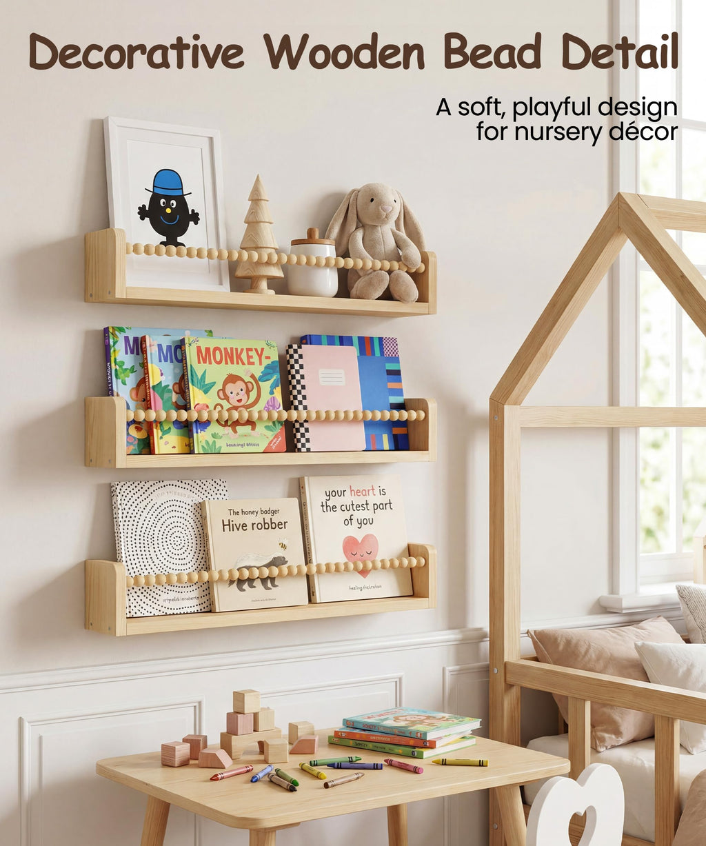 Nursery Book Shelves for Wall Set of 3, Natural Wood Bookshelves Wall Decor, Small Floating Shelf Organizer for Kids Room, Bedroom, Kitchen Spice Rack