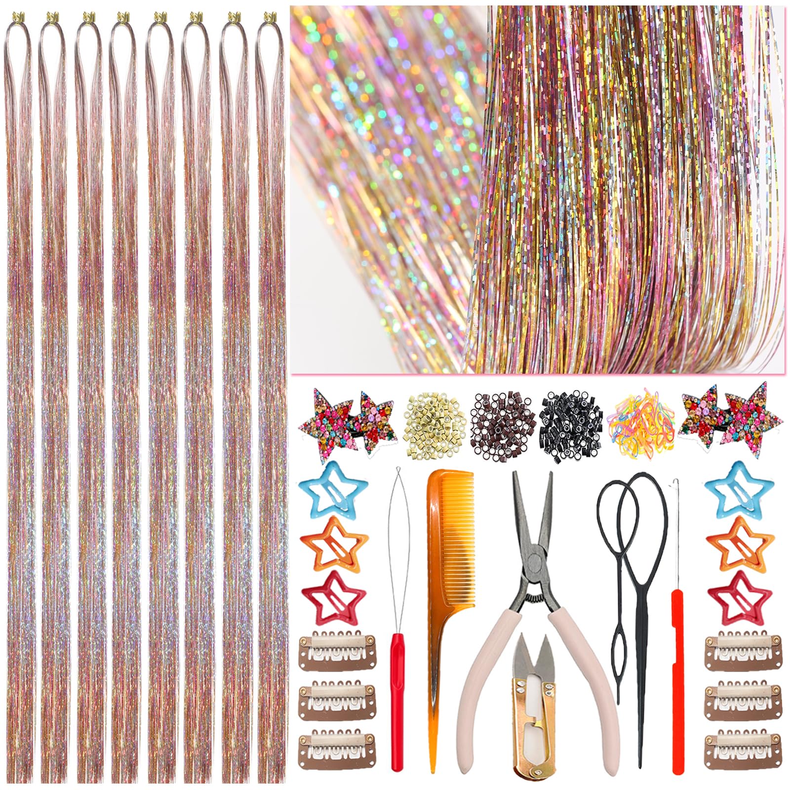 Celinebella Bubblegum Pink Hair Tinsel, 48" 1250 Strands Bright Shimmer | Vibrant hot pink bubblegum tone, youthful energetic, heat resistant, great for prom concerts birthday parties events