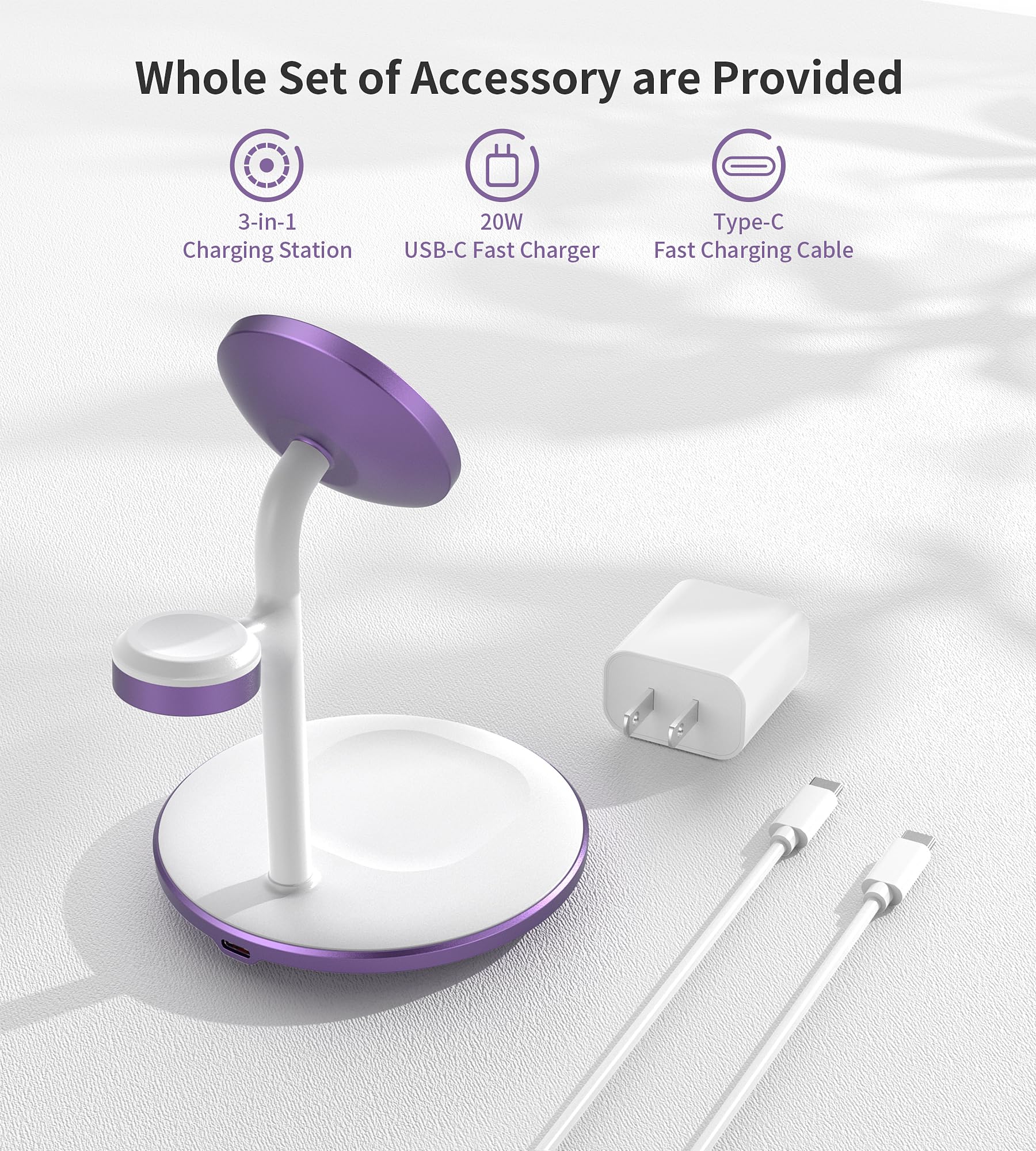 XooFly 3 in 1 Wireless Charging Station for Apple Devices, Fast Wireless Mag-Safe Charger Stand with 20W Adapter for iPhone 17/16 15 14 13 12 Pro Max/Pro/Plus/Air/Mini, iWatch, AirPods (Black)