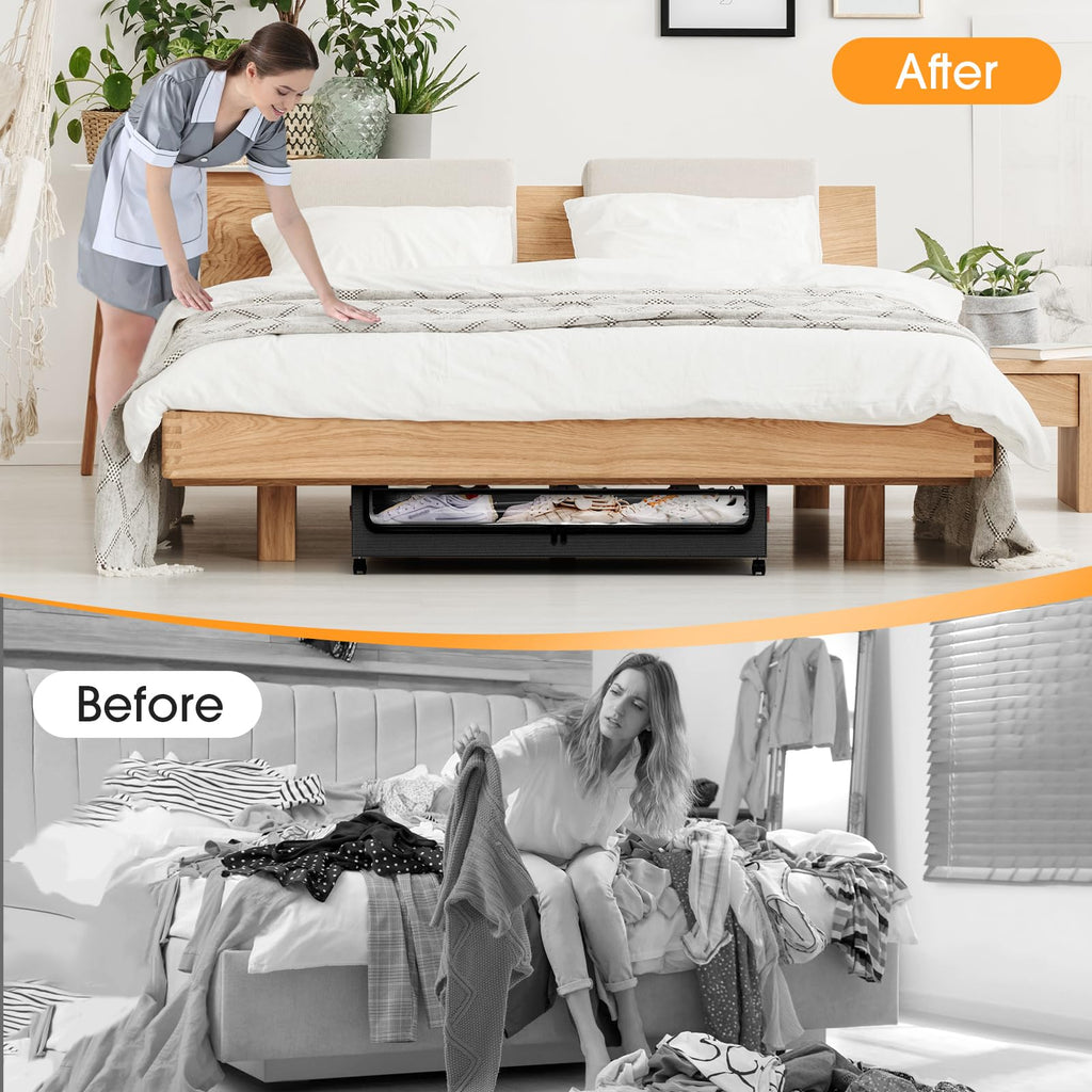 SpaceHacks Under Bed Storage with Wheels 1Pack Underbed Storage with Clear Window&Label Under Bed Drawers Large Capacity Rolling Under Bed Storage for Clothes,Shoes, Blankets (Beige)