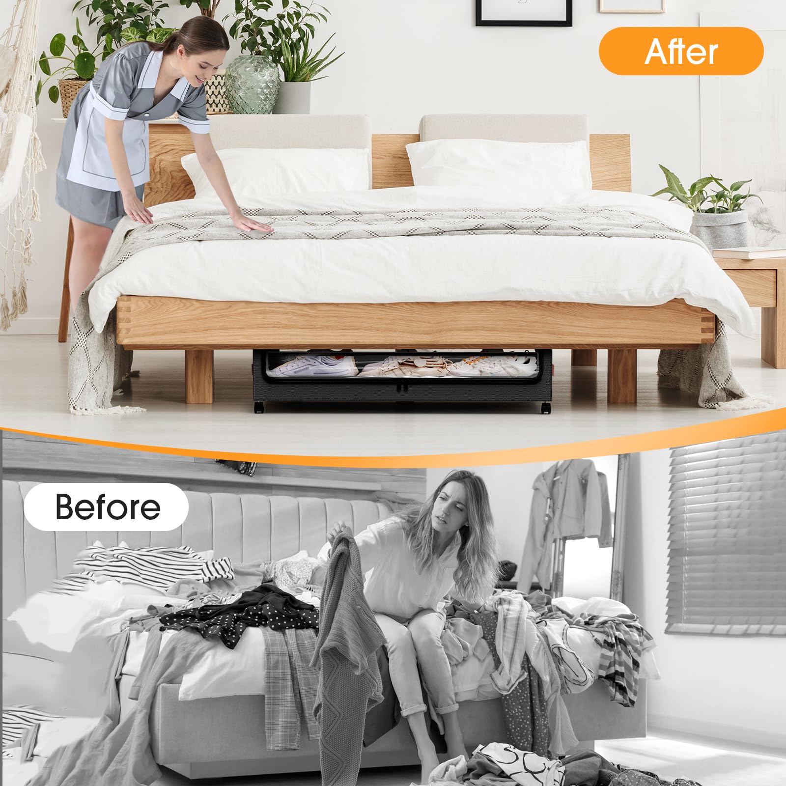 SpaceHacks Under Bed Storage with Wheels 1Pack Underbed Storage with Clear Window&Label Under Bed Drawers Large Capacity Rolling Under Bed Storage for Clothes,Shoes, Blankets (Beige)