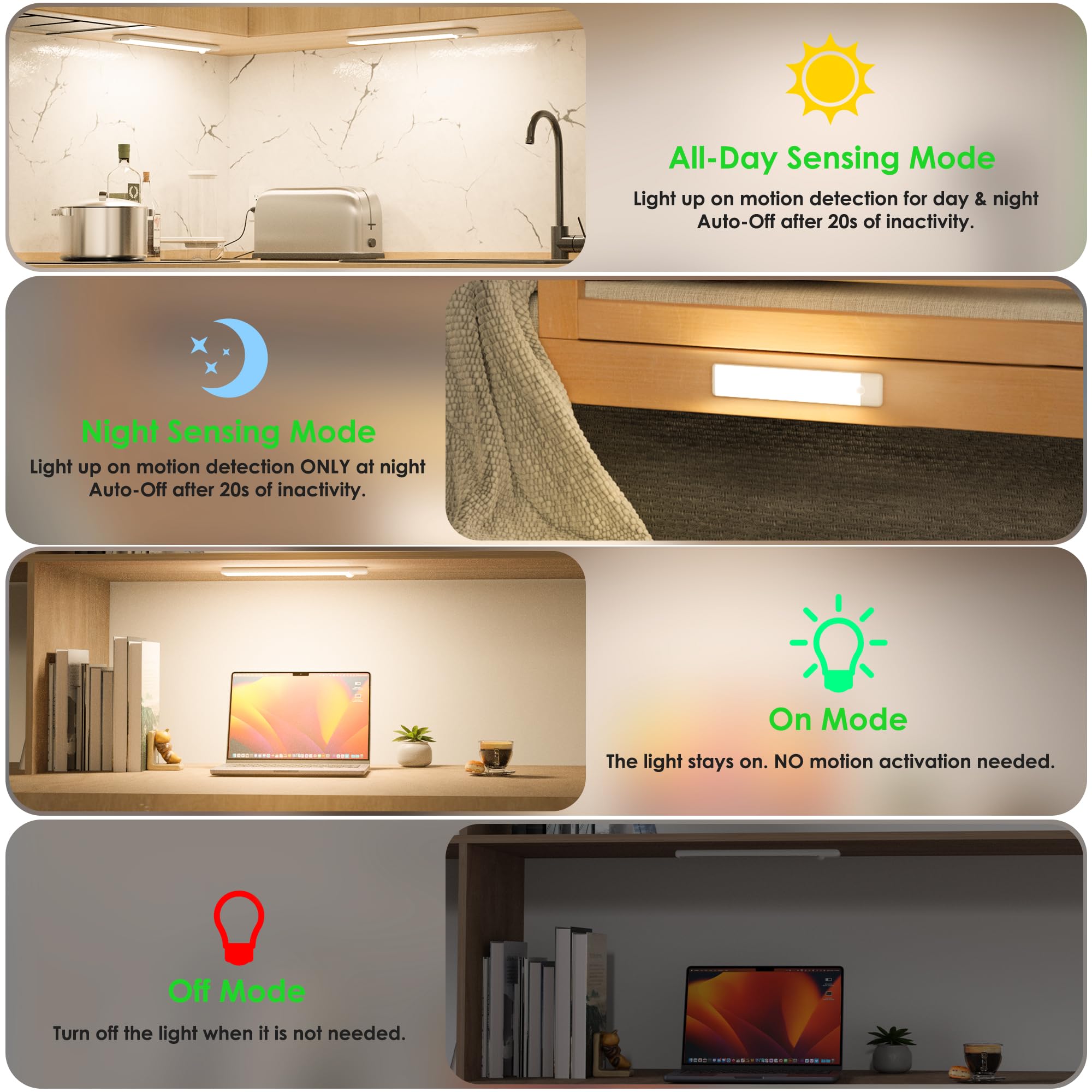 Motion Sensor Under Cabinet Lights, Magnetic Rechargeable Under Counter Closet Light, Wireless Night Light Bar Stick-On, 2-Pack, Warm White
