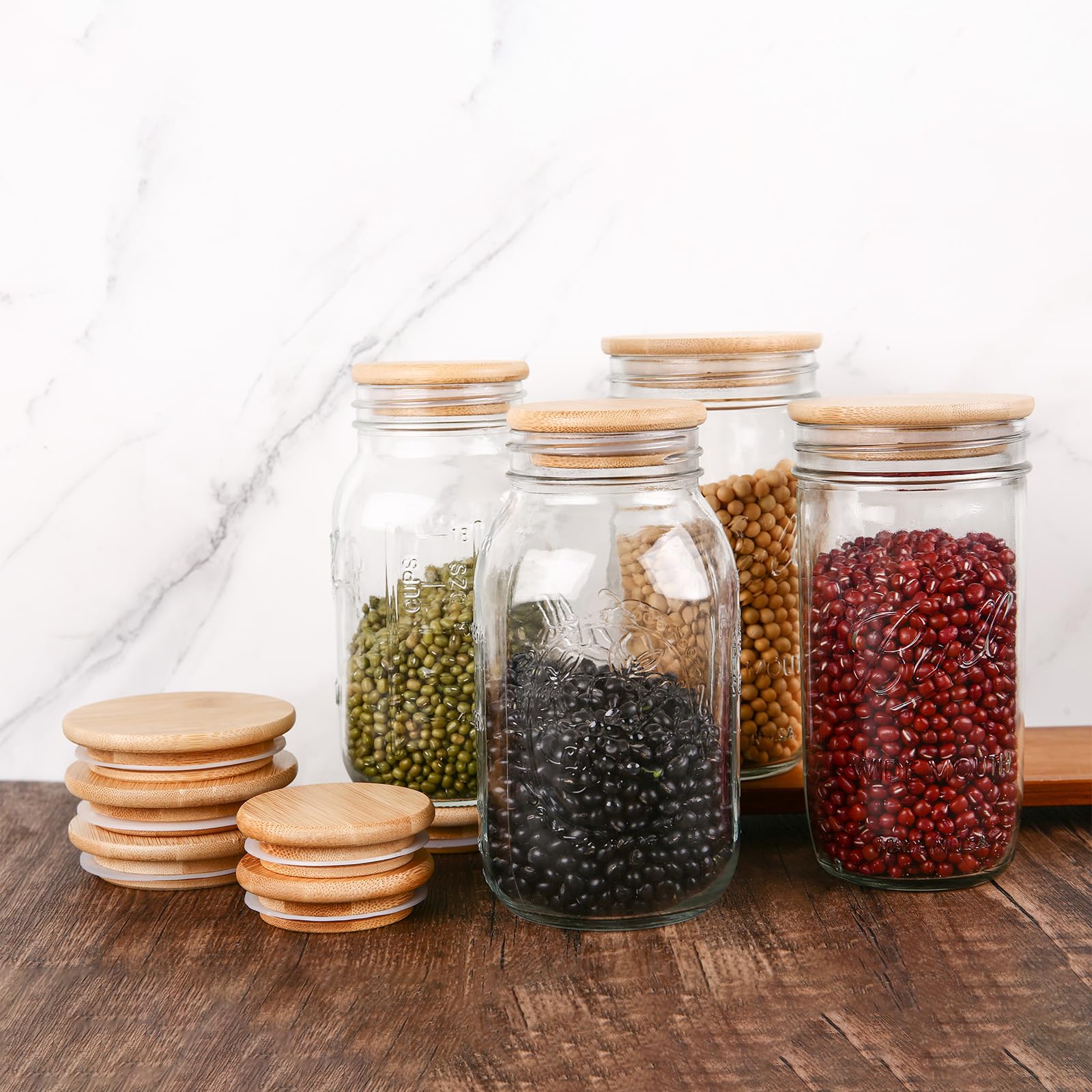 6 Pack Wide Mouth Mason Jar Lids Reusable canning lids Acacia Wooden mason jar Lids with Airtight Silicone Seal, Brown (6PCS Wide Lids)