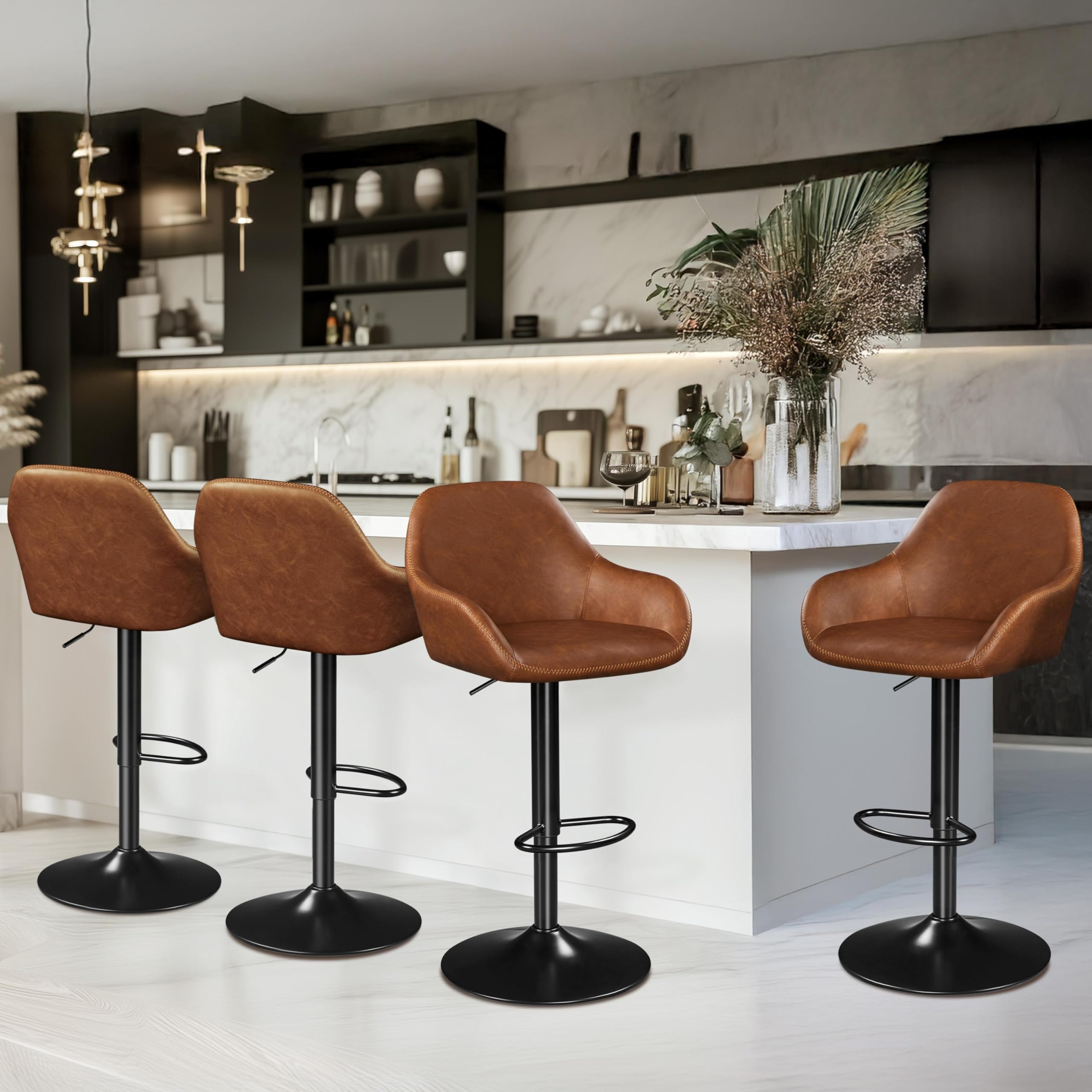 Yaheetech Bar Stools Set of 2, PU Leather Swivel Counter Height Barstools, Adjustable Bar Chairs with Backrest and Footrest, Kitchen Island Stool for Home Kitchen, Black