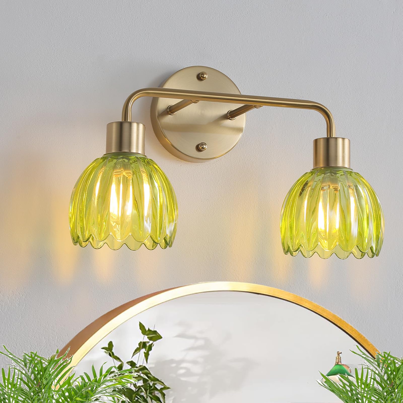 1-Light Gold Brass Bathroom Light Fixture,Wall Sconces set of 2,Brushed Gold Vanlity Light Over Mirror,Bathroom Vanity Light with White Tulip Glass Flower Shade,E26 Socket(Bulbs Not Included)