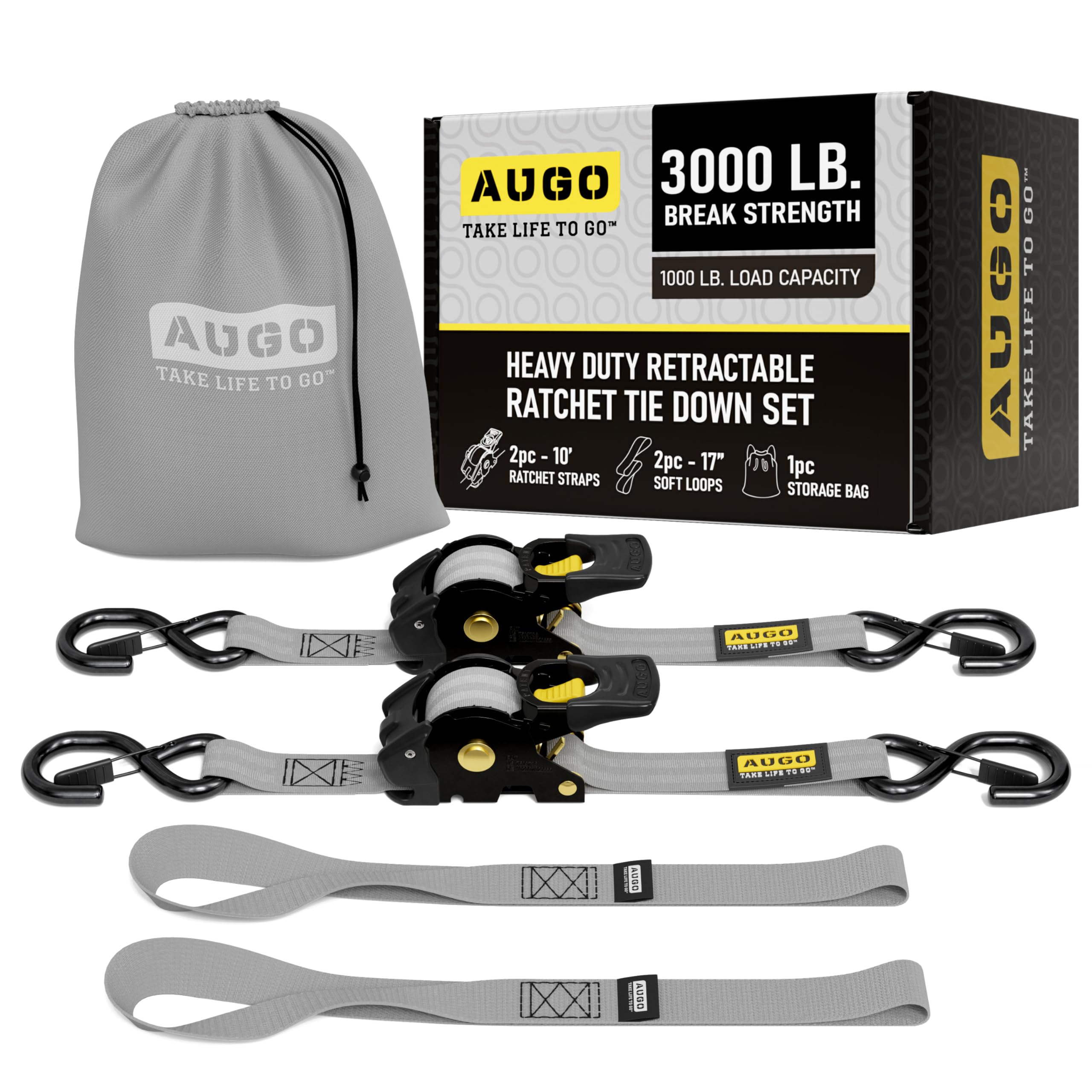 AUGO Retractable Ratchet Straps | 2 Heavy Duty Ratchet Straps Self Retractable Tie Downs with Soft Loops & Storage Bag for Motorcycle, Truck, Trailer, Cargo Van | 1200 Lb Break Strength 1” x 10’