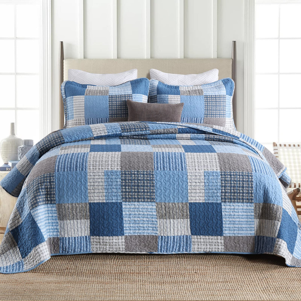 Y-PLWOMEN 100% Cotton Farmhouse Plaid Lightweight 3-Pieces Quilt Set (Blue Brown, Queen90 * 98 Inch)