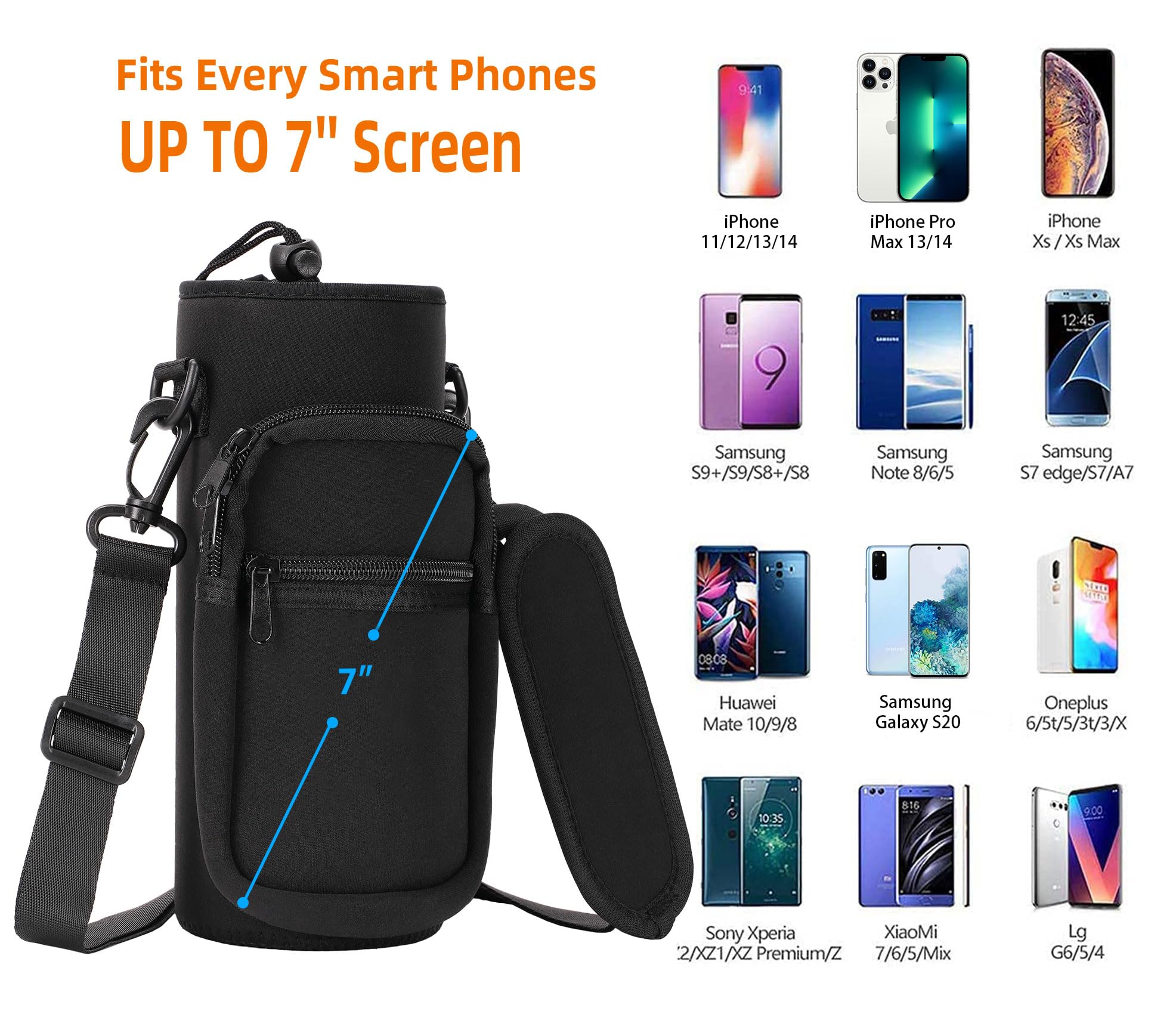 AceTreker 32/40/64/128 oz Neoprene Insulated Water Bottle Carrier Bag, Sling Bag Sleeve Pouch Holder with Strap & Paracord Handle and 2 Pocket for Travelling, Hiking, Camping