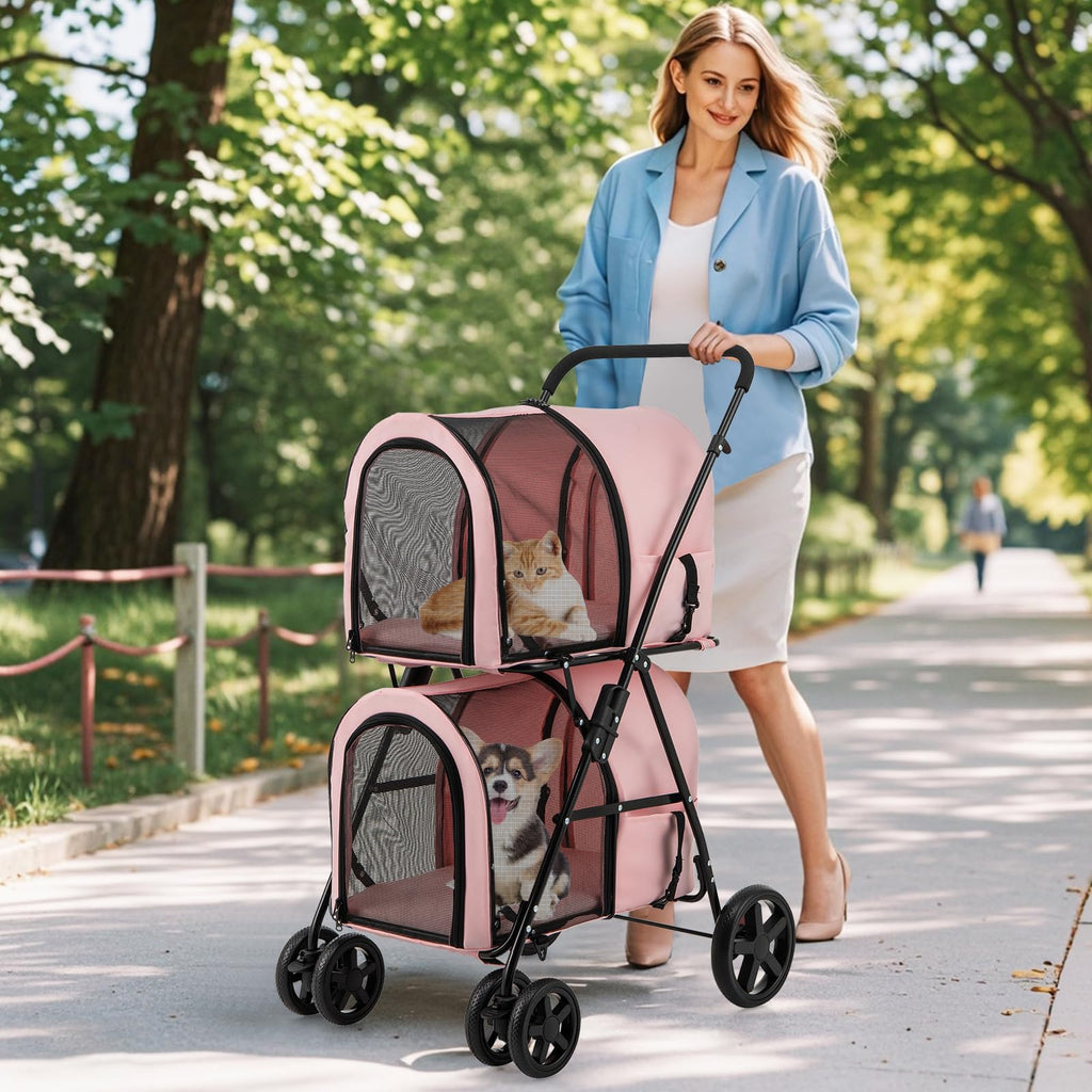 Giantex Double Pet Stroller with 2 Detachable Carrier Bags, Safety Belt, 4 Lockable Wheels, Folding Cat & Dog Stroller for Small Medium Pets, Cats Dogs Puppy Travel Strolling Cart (Beige)