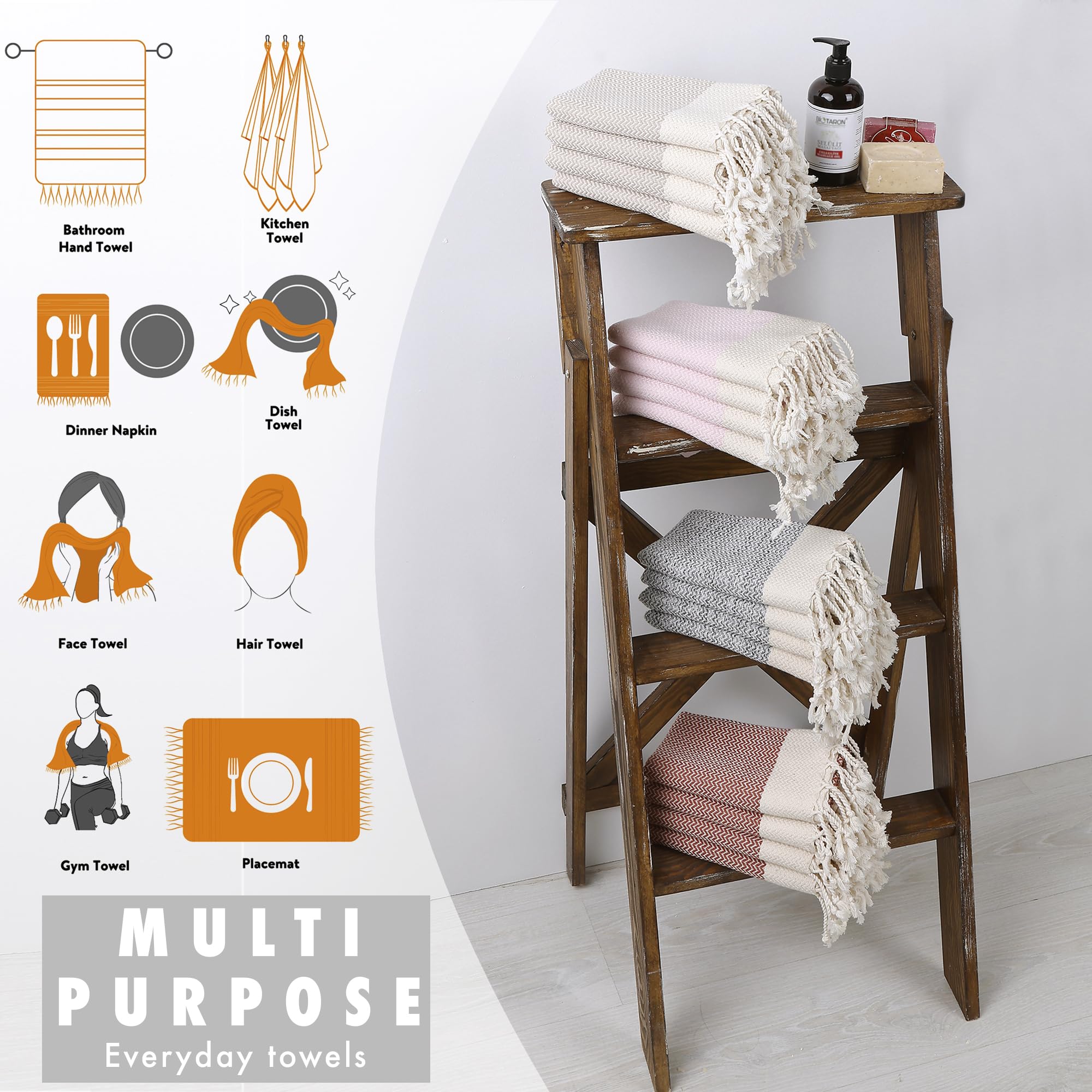 Evelynen Turkish Hand Towels for Bathroom & Kitchen Towels Decorative Set of 2 | Boho Farmhouse Hand Towels with Hanging Loops for Face, Tea, Dish, Kitchen & Bath | %100 Cotton (16" x 32" - Beige)