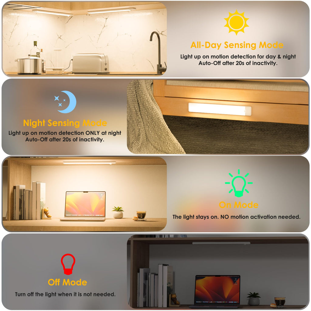 Motion Sensor Under Cabinet Lights, Magnetic Rechargeable Under Counter Closet Light, Wireless Night Light Bar Stick-On, 2-Pack, Warm White