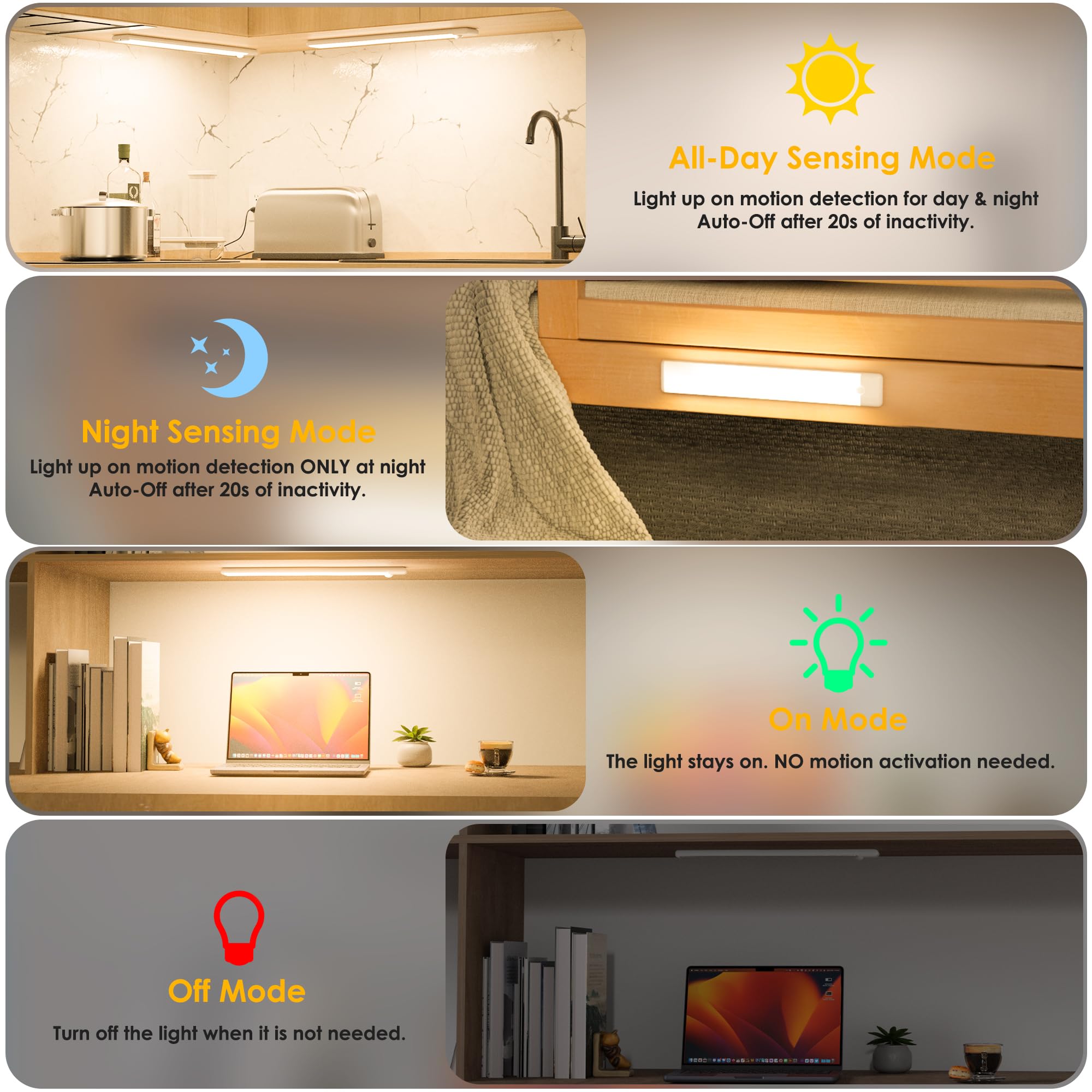 Motion Sensor Under Cabinet Lights, Magnetic Rechargeable Under Counter Closet Light, Wireless Night Light Bar Stick-On, 2-Pack, Warm White