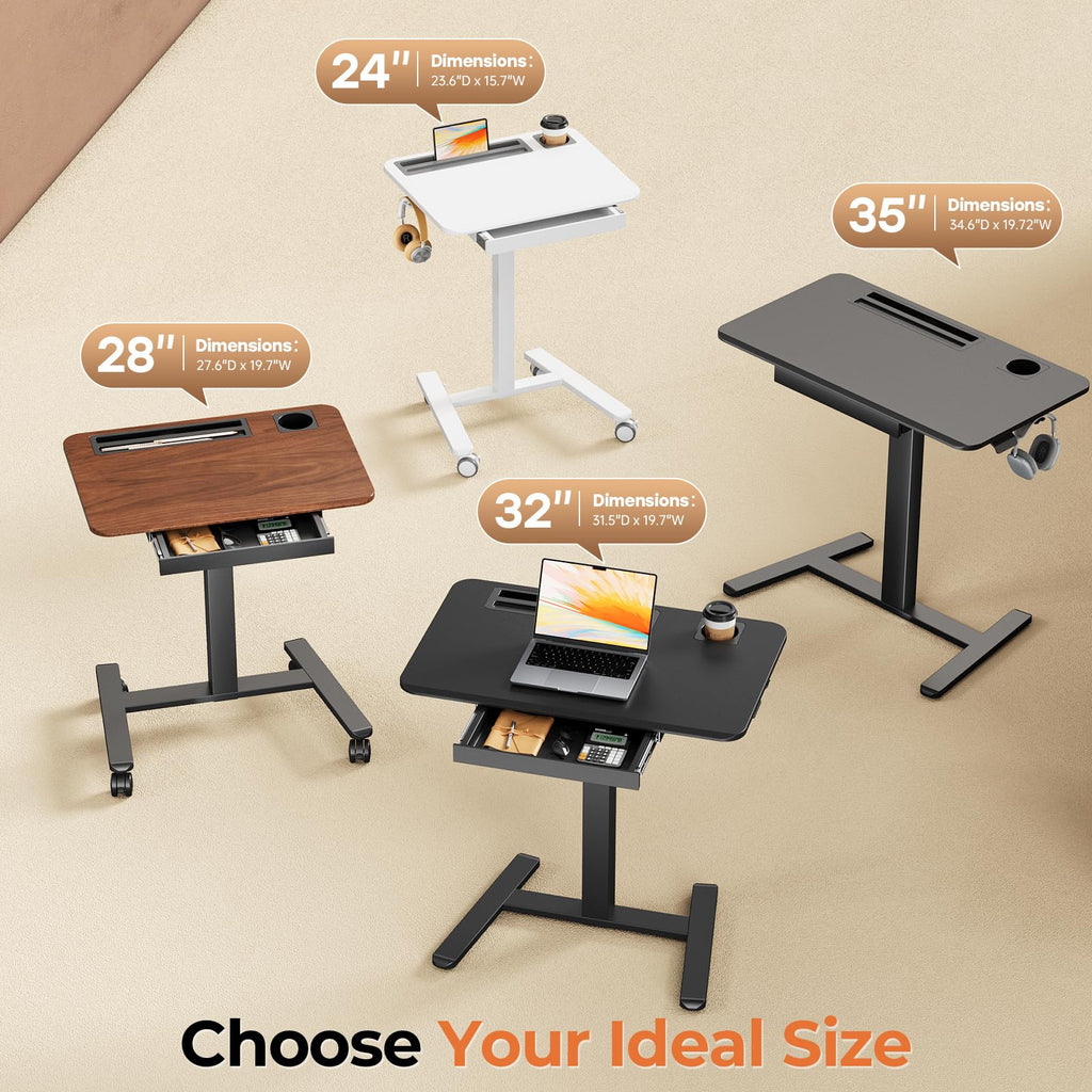 Small Mobile Standing Desk with Drawer, 23.6"x19.7" Rolling Laptop Cart on Wheels, Height Adjustable Sit Stand Computer Workstation with Storage for Compact Space, Black