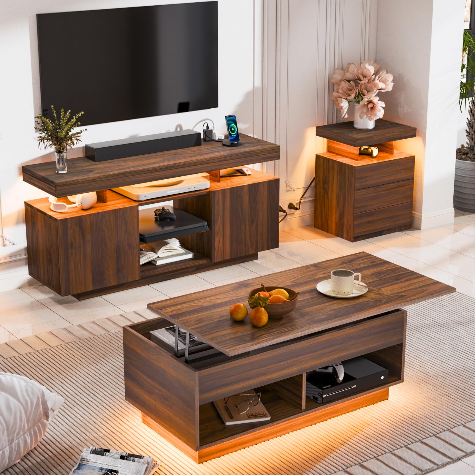 HOMMPA Modern LED TV Stand for 55 Inch TV, Black Tall TV Console with Power Outlet, Entertainment Center with Storage, High Gloss Gaming Media Console Cabinet for Living Room (47 Inch)