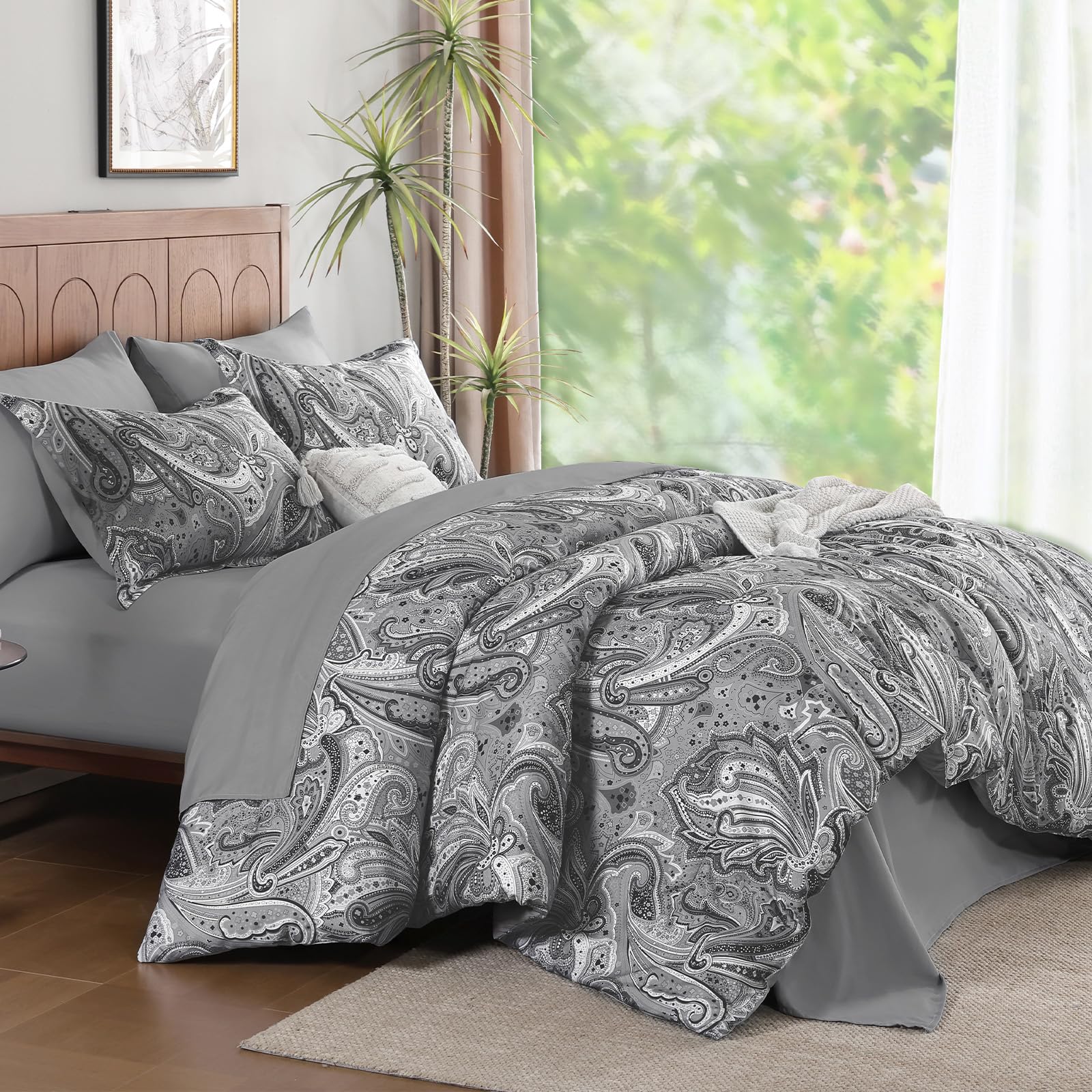 DJY Black Paisley Comforter Set Full Size 7 Piece Bed in a Bag Black and Grey Boho Paisley Pattern Comforter Set Soft Lightweight Microfiber Reversible Bedding Set for All Season