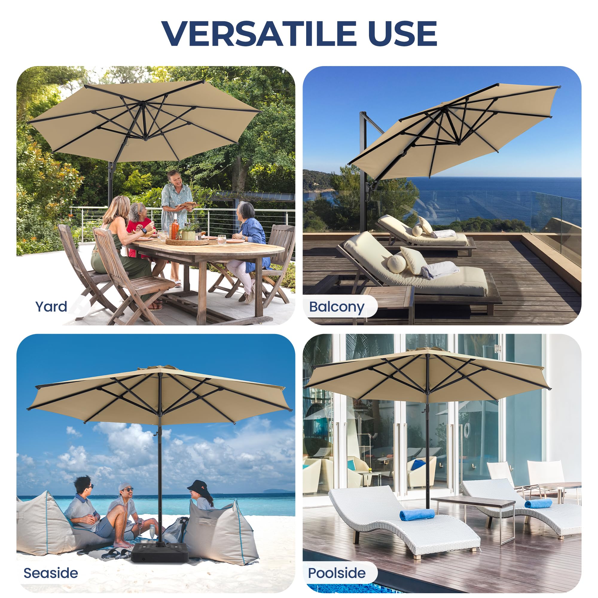 SUNVIVI OUTDOOR Outdoor Patio Umbrella, Patio Umbrella, Market Umbrella, Large Outdoor Umbrella, Metal Pole Umbrella with Push Button Tilt and Crank, Polyester Canopy