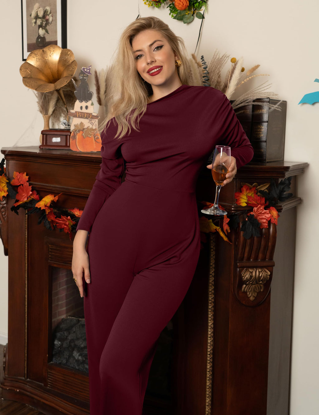 YMDUCH Women's Fall Elegant Long Sleeve Off Shoulder Wide Leg Long Pant Jumpsuits