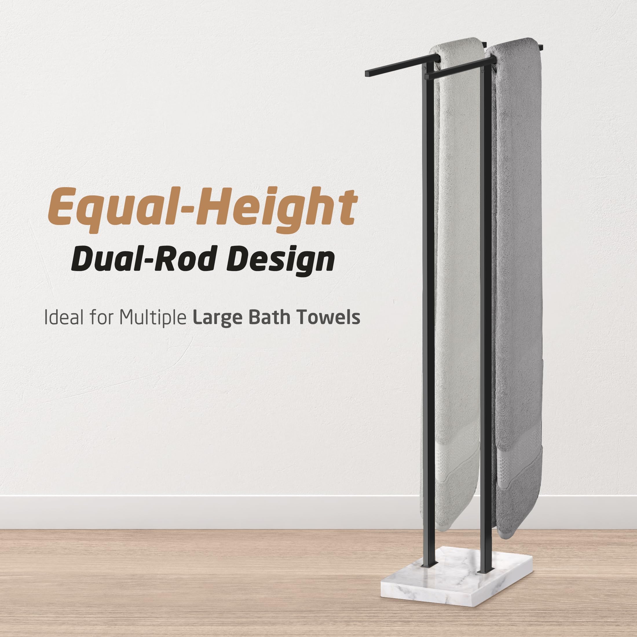 KES Standing Towel Rack with Black Natural Marble Base, 2-Tier Towel Rack Stand for Bathroom Floor, Bath Towel Holder Fits Bath Towel & Hand Towel,18/8 Stainless Steel, BTH217-BBK