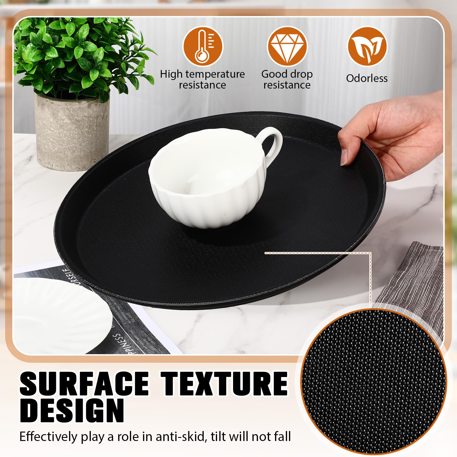Zopeal 2 Pieces Black Round Restaurant Serving Tray, Plastic Non Slip Surface Food Meals Server Tray with Raised Edges for Home, Kitchen, Restaurant, Cafeteria, Bar (11")