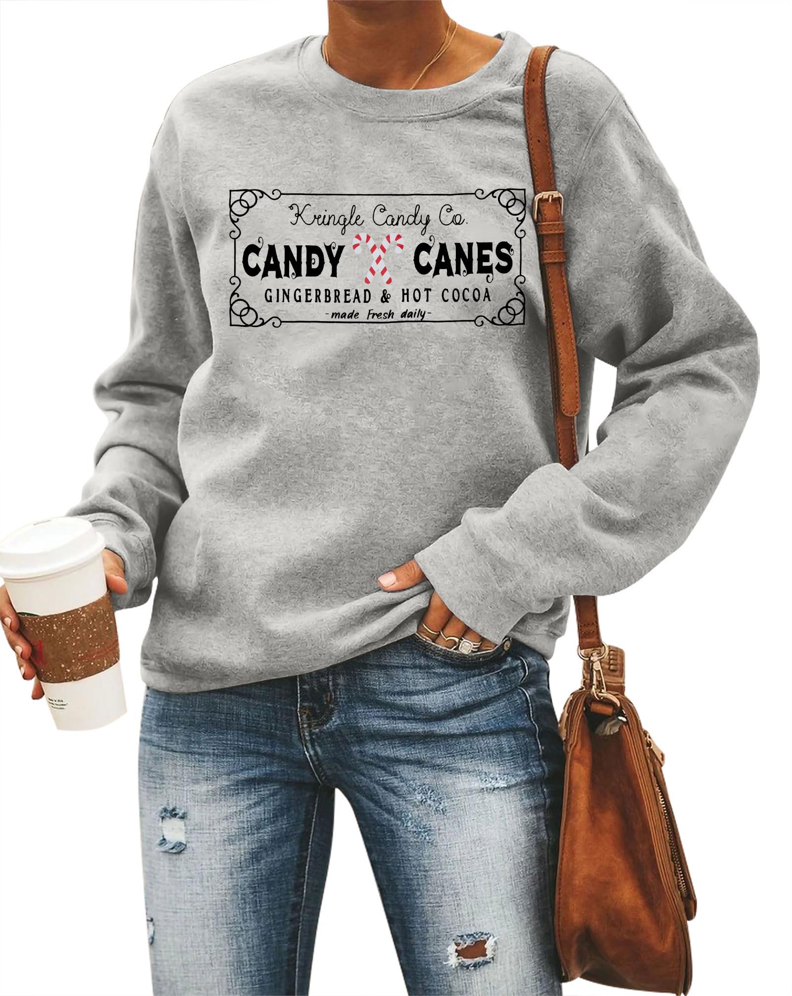 Christmas Sweatshirts Women Candy Canes Graphic Sweatshirt Vintage Xmas Long Sleeve Shirt Pullover Tops