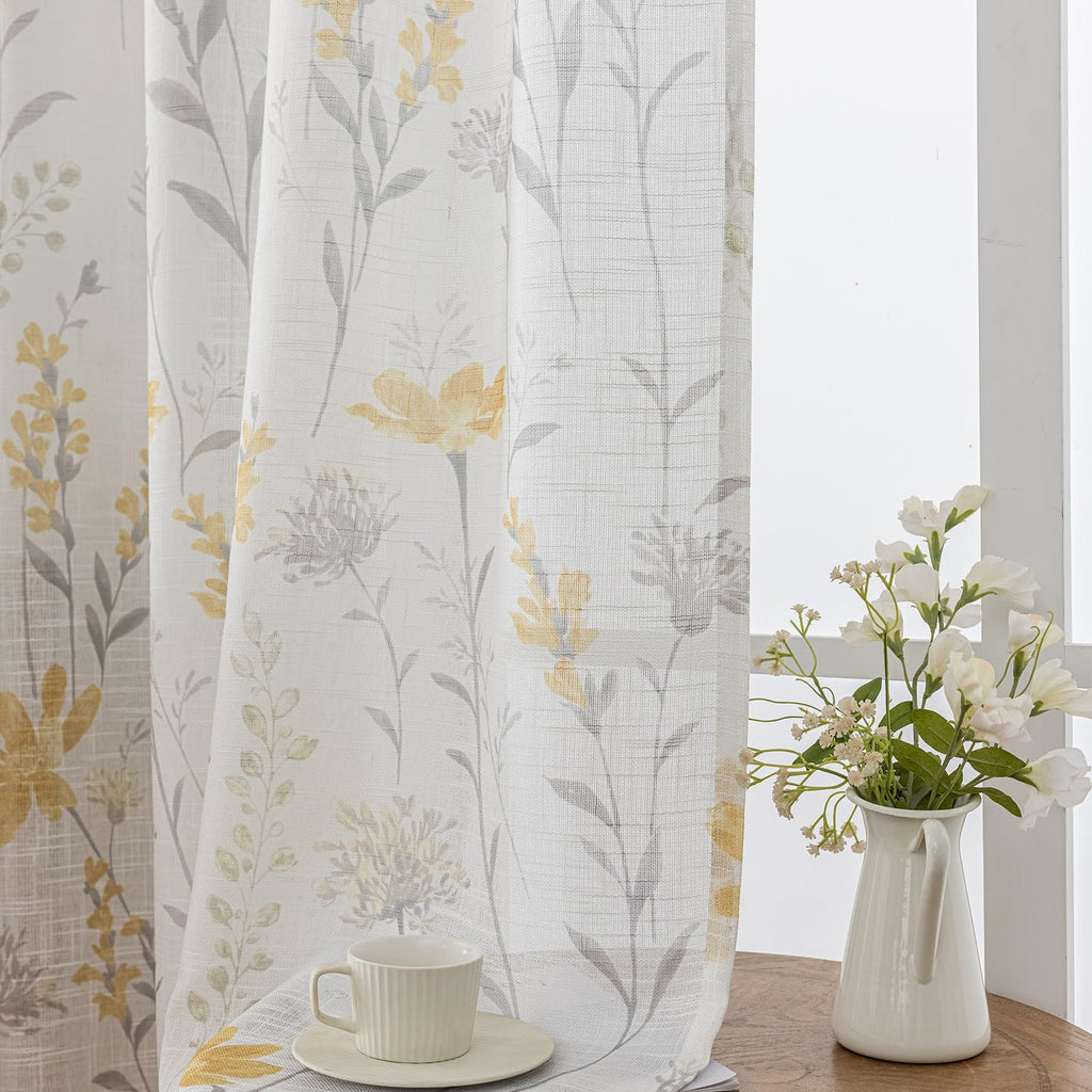 SUOUO Blue Leaf Semi Sheer White Curtains for Bedroom Dining Living Room Linen Textured 84 inches Long Rod Pocket Boho Window Drapes 2 Panels