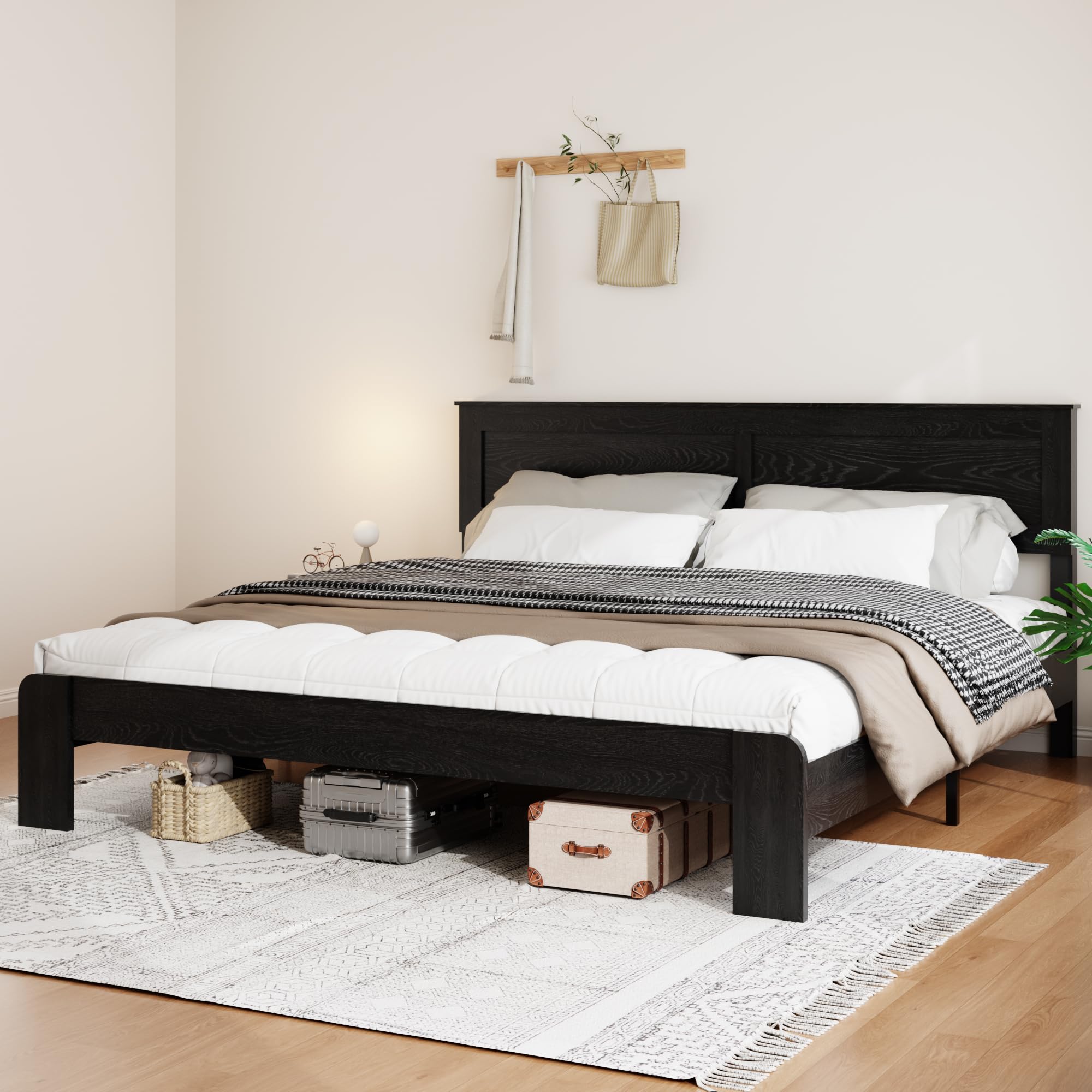 Wooden Bed Frame Full Size with Headboard, Farmhouse Platform Bedframe with Wood Slat Support, Sturdy Framework Bed Frame, Easy Assembly (Rustic Black)
