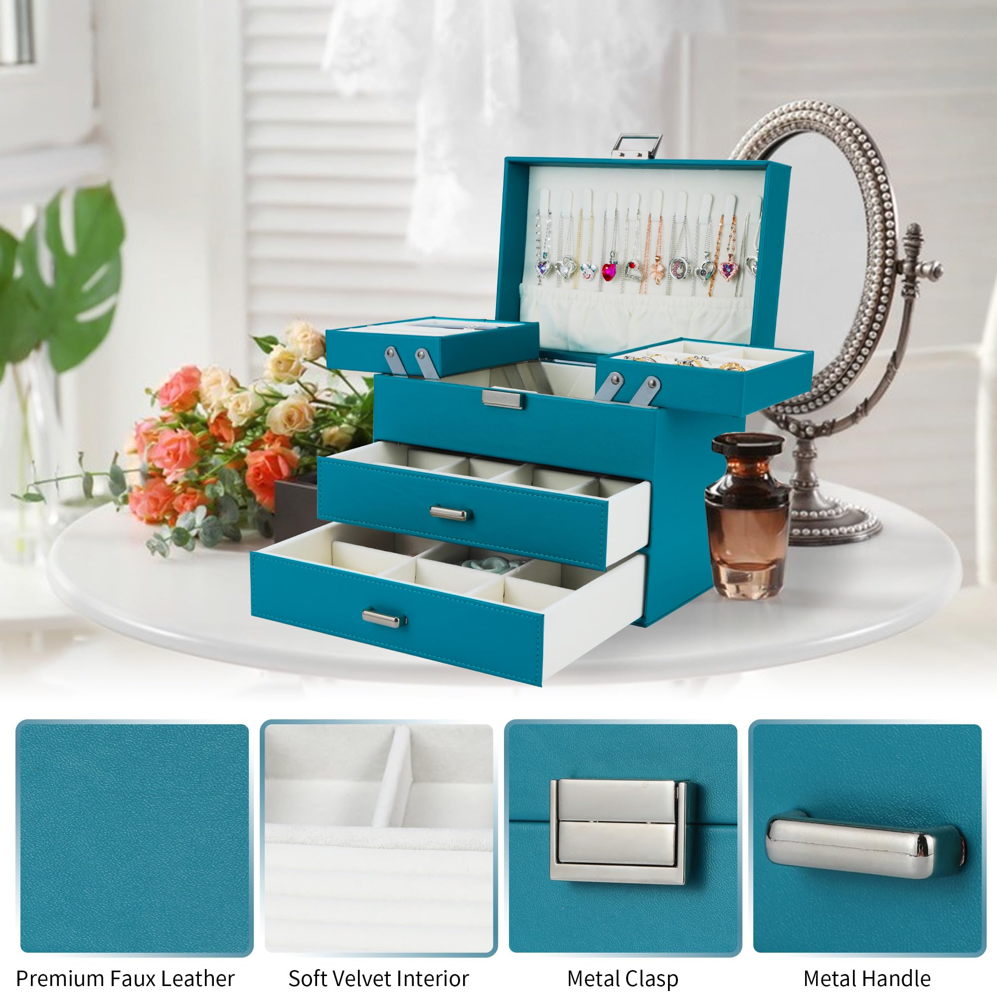 Dajasan Jewelry Organizer Box, Large Jewelry Boxes for Women Girls, Space-Saving 4 Layers Jewelry Storage Case with Drawer, Movable Metal Stand, Modern, Gift Idea (Green)