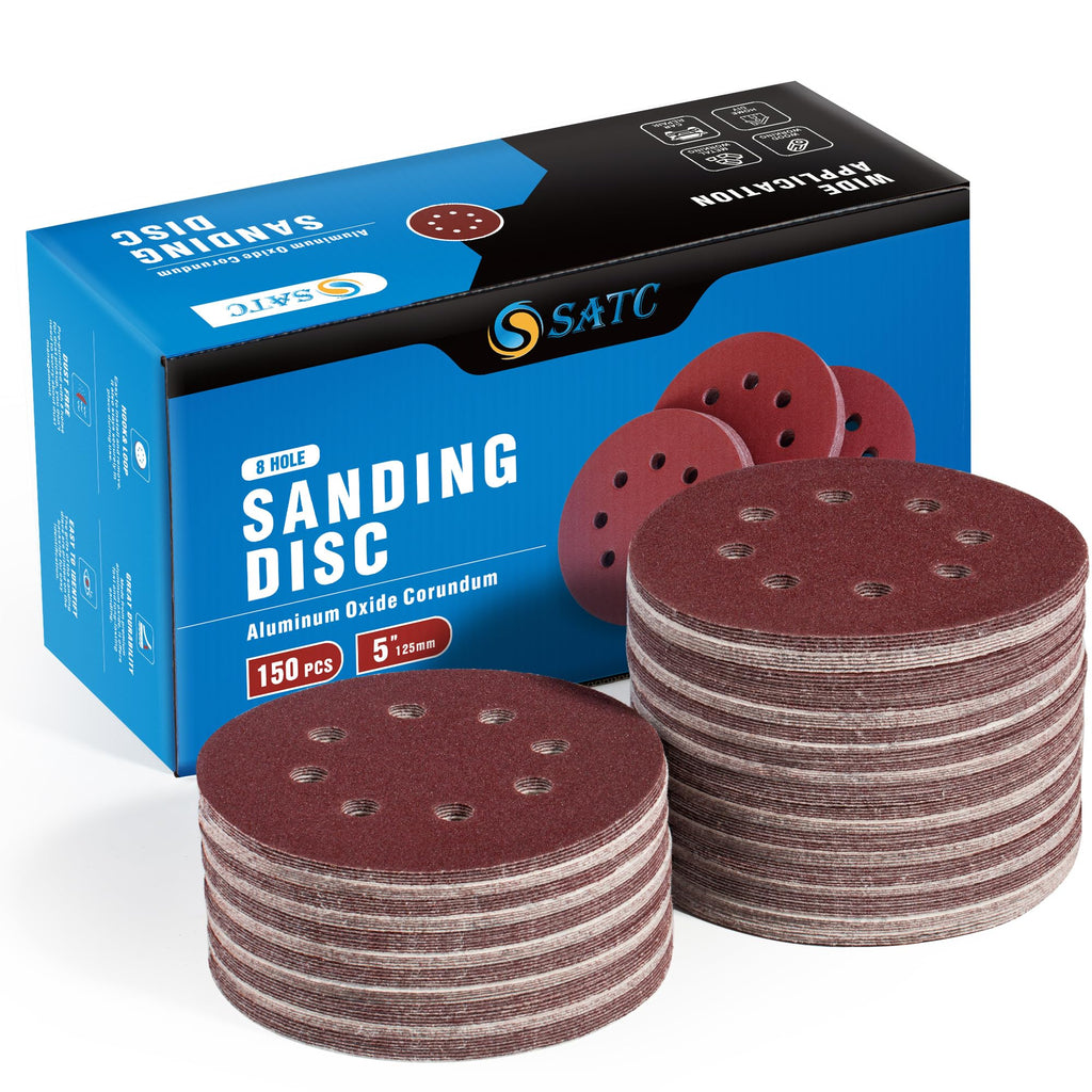 S SATC 72 PCS 5 Inch 8 Hole Hook and Loop Adhesive Sanding Discs Sandpaper for Random Orbital Sander 40 60 80 120 180 240 320 Grits