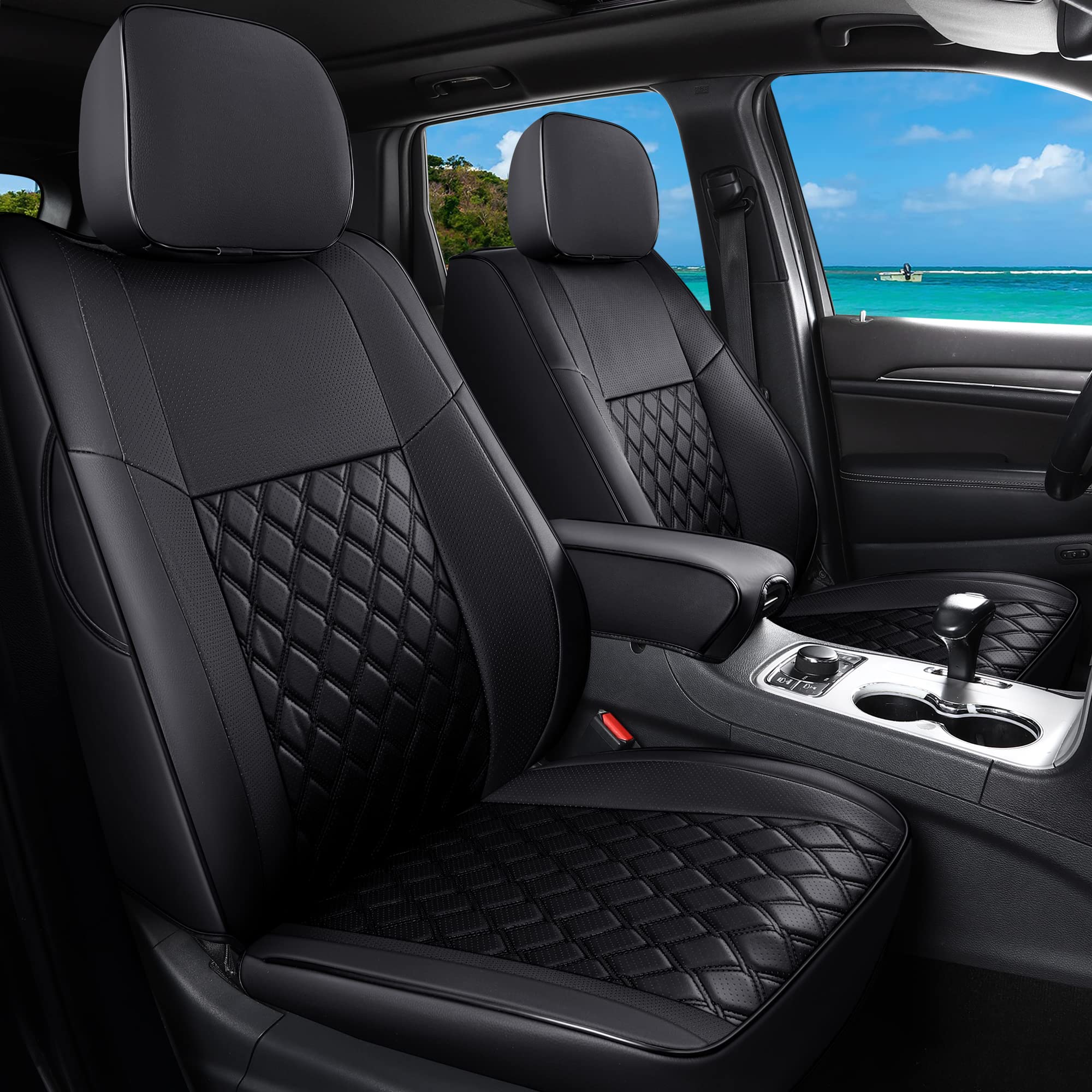 Huidasource Grand Cherokee Seat Covers, 2 Pieces Waterproof Leather Customized Car Seat Cushion Covers Protectors Compatible with Jeep Grand Cherokee 2011-2022 (2Pcs Front/Black)
